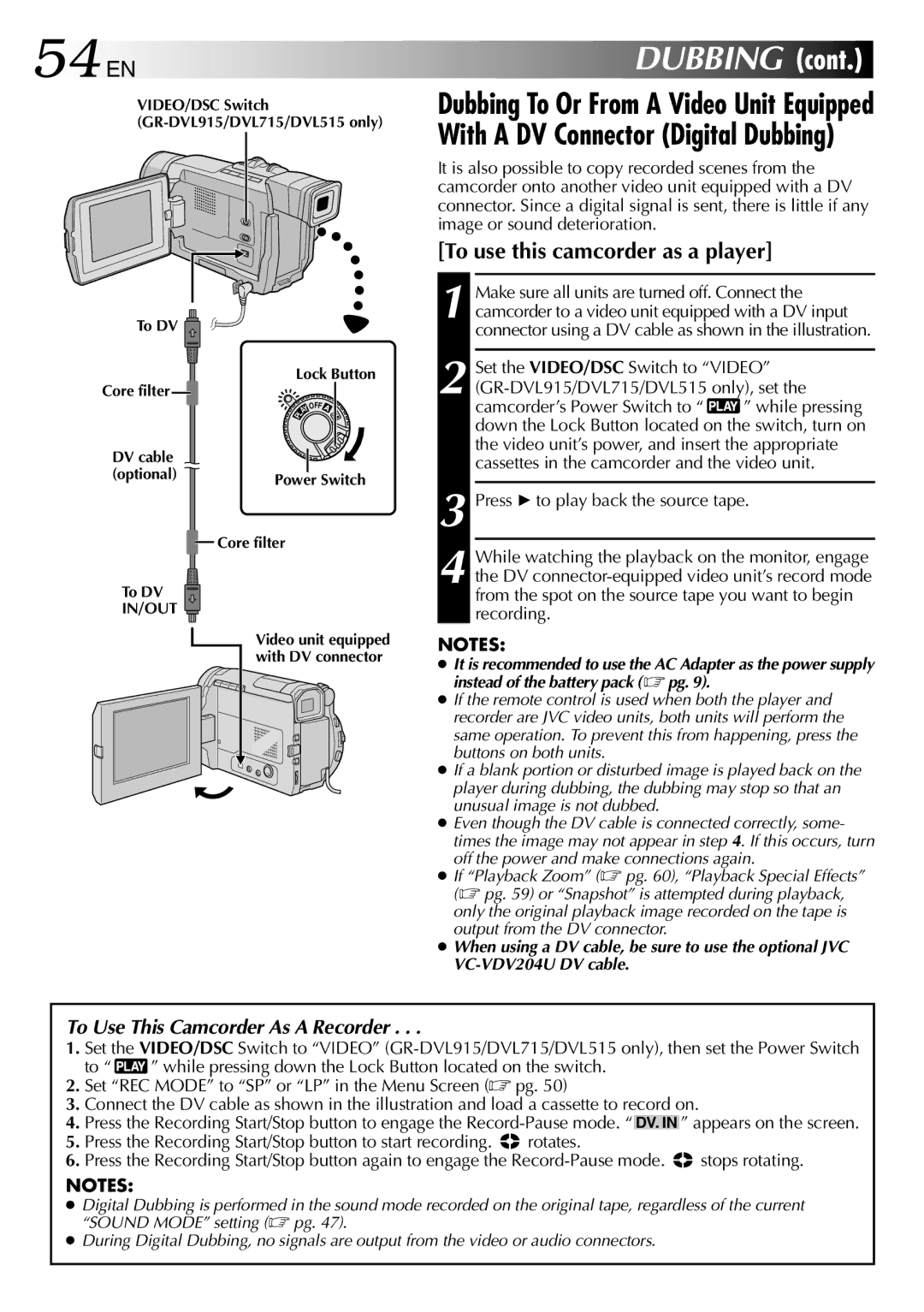 JVC GR-DVL915, GR-DVL510, GR-DVL515, GR-DVL310, GR-DVL715, GR-DVL410 specifications 54 EN, Dubbing 