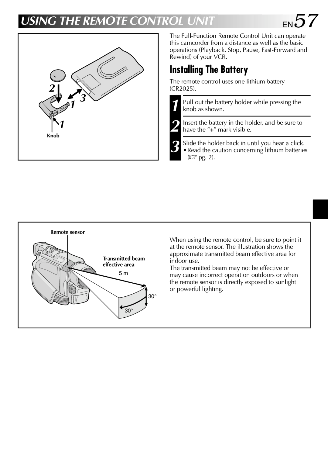 JVC GR-DVL310, GR-DVL915, GR-DVL510, GR-DVL515, GR-DVL715 Using the Remote Control Unit, Installing The Battery, EN57 
