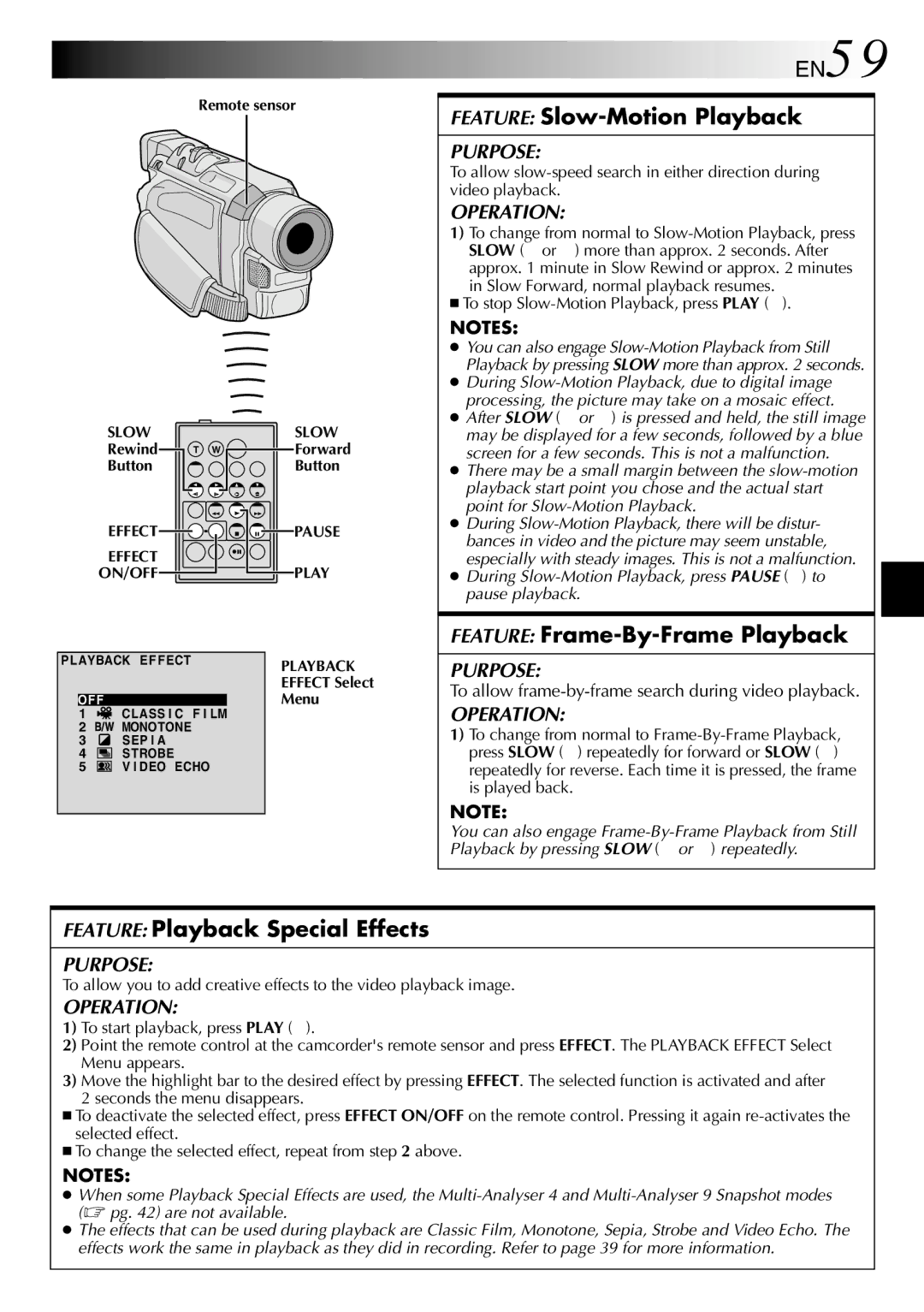 JVC GR-DVL410 EN59, Feature Slow-Motion Playback, Feature Frame-By-Frame Playback, Feature Playback Special Effects 