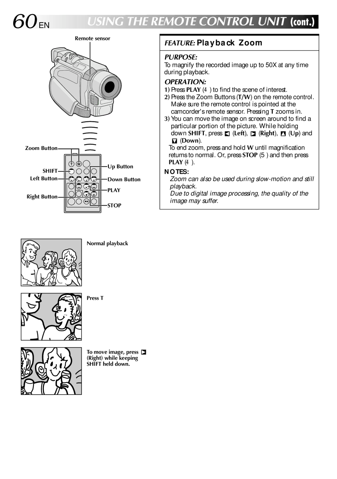 JVC GR-DVL915, GR-DVL510, GR-DVL515, GR-DVL310 60 EN, Feature Playback Zoom, Press Play 4 to find the scene of interest 