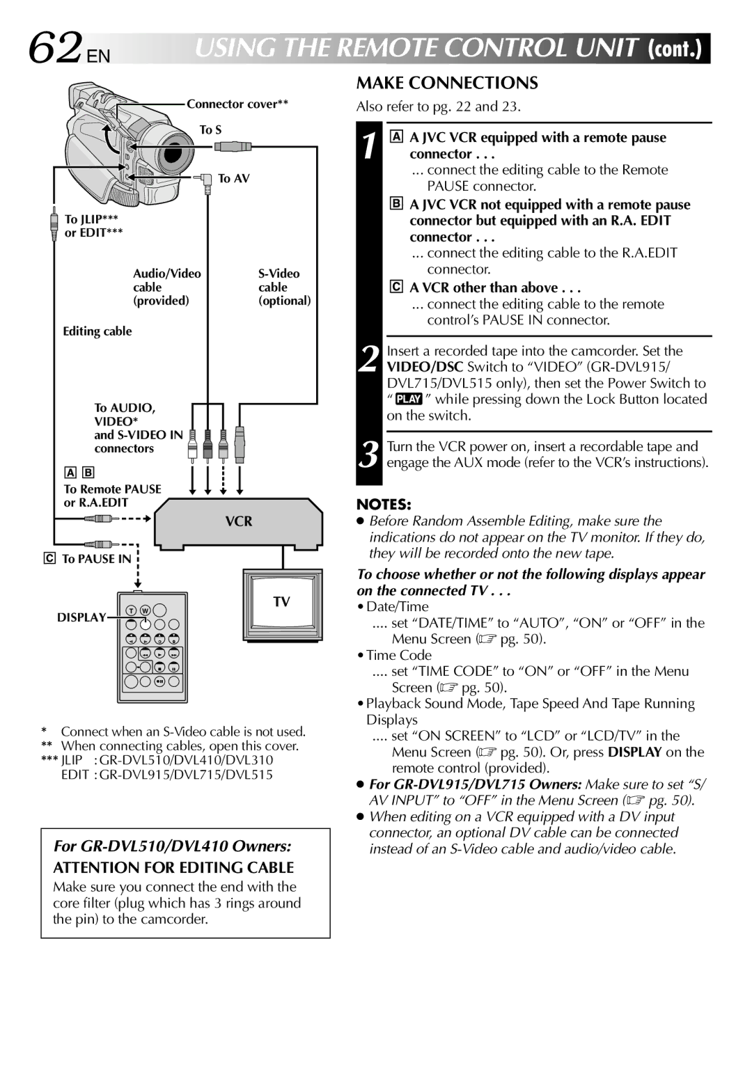 JVC GR-DVL515, GR-DVL915 62 EN, Make Connections, JVC VCR equipped with a remote pause connector, VCR other than above 