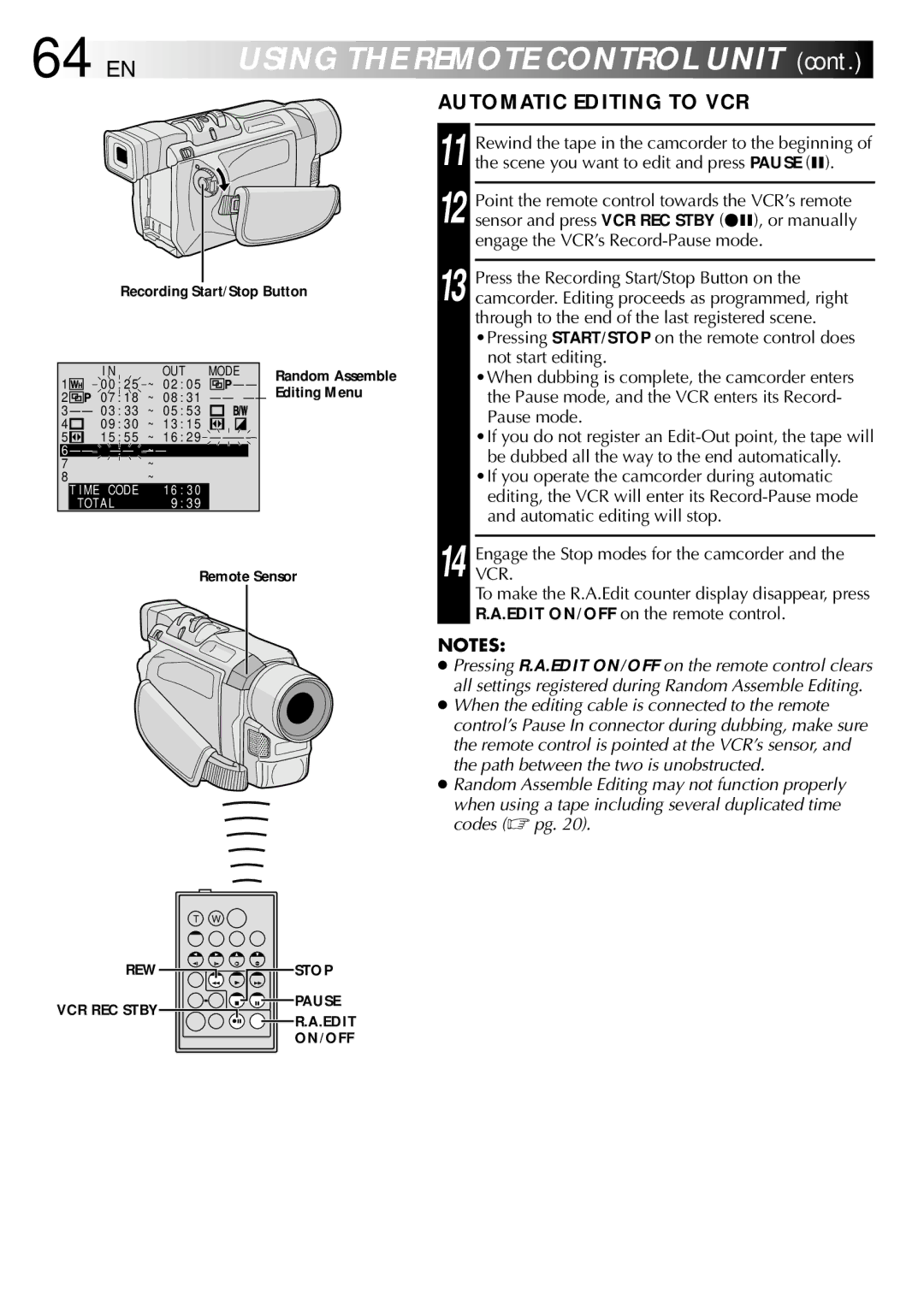 JVC GR-DVL715, GR-DVL915, GR-DVL510, GR-DVL515, GR-DVL310, GR-DVL410 specifications 64 EN, Automatic Editing to VCR 