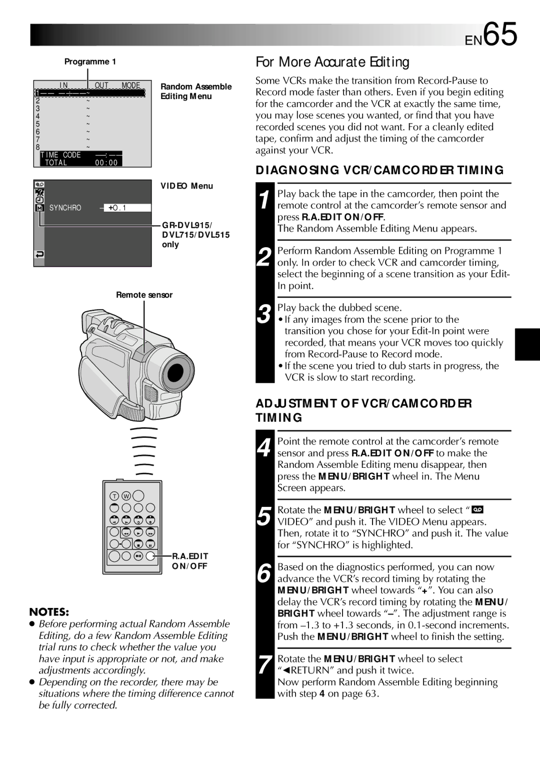 JVC GR-DVL410 For More Accurate Editing, EN65, Diagnosing VCR/CAMCORDER Timing, Adjustment of VCR/CAMCORDER Timing 