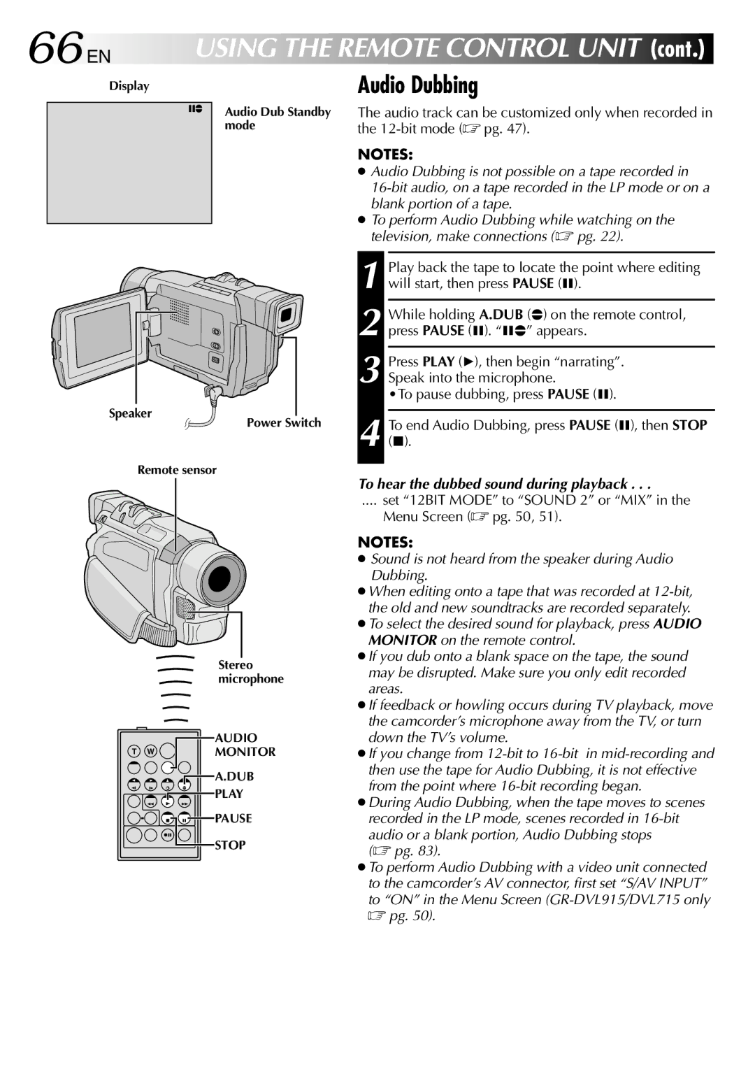 JVC GR-DVL915, GR-DVL510, GR-DVL515, GR-DVL310, GR-DVL715 66 EN, Audio Dubbing, To hear the dubbed sound during playback 