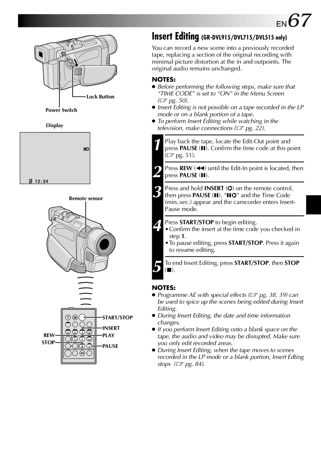 JVC GR-DVL510, GR-DVL515, GR-DVL310, GR-DVL715, GR-DVL410 specifications EN67, Insert Editing GR-DVL915/DVL715/DVL515 only 