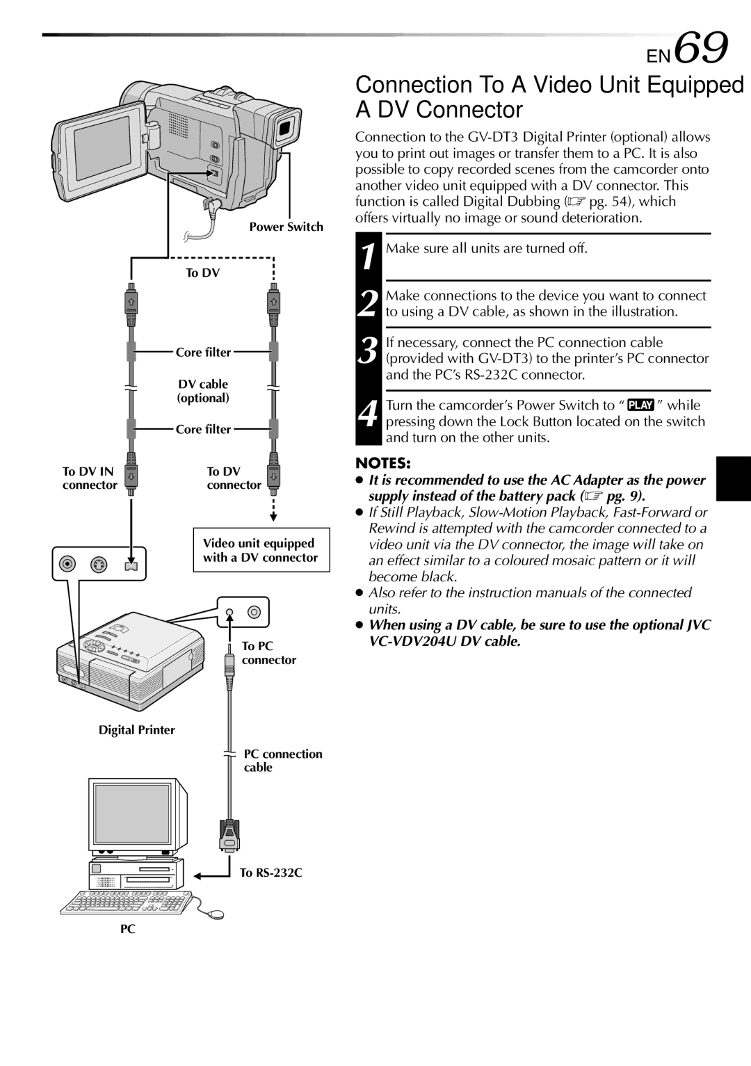 JVC GR-DVL310, GR-DVL915, GR-DVL510, GR-DVL515, GR-DVL715 Connection To a Video Unit Equipped With a DV Connector, EN69 