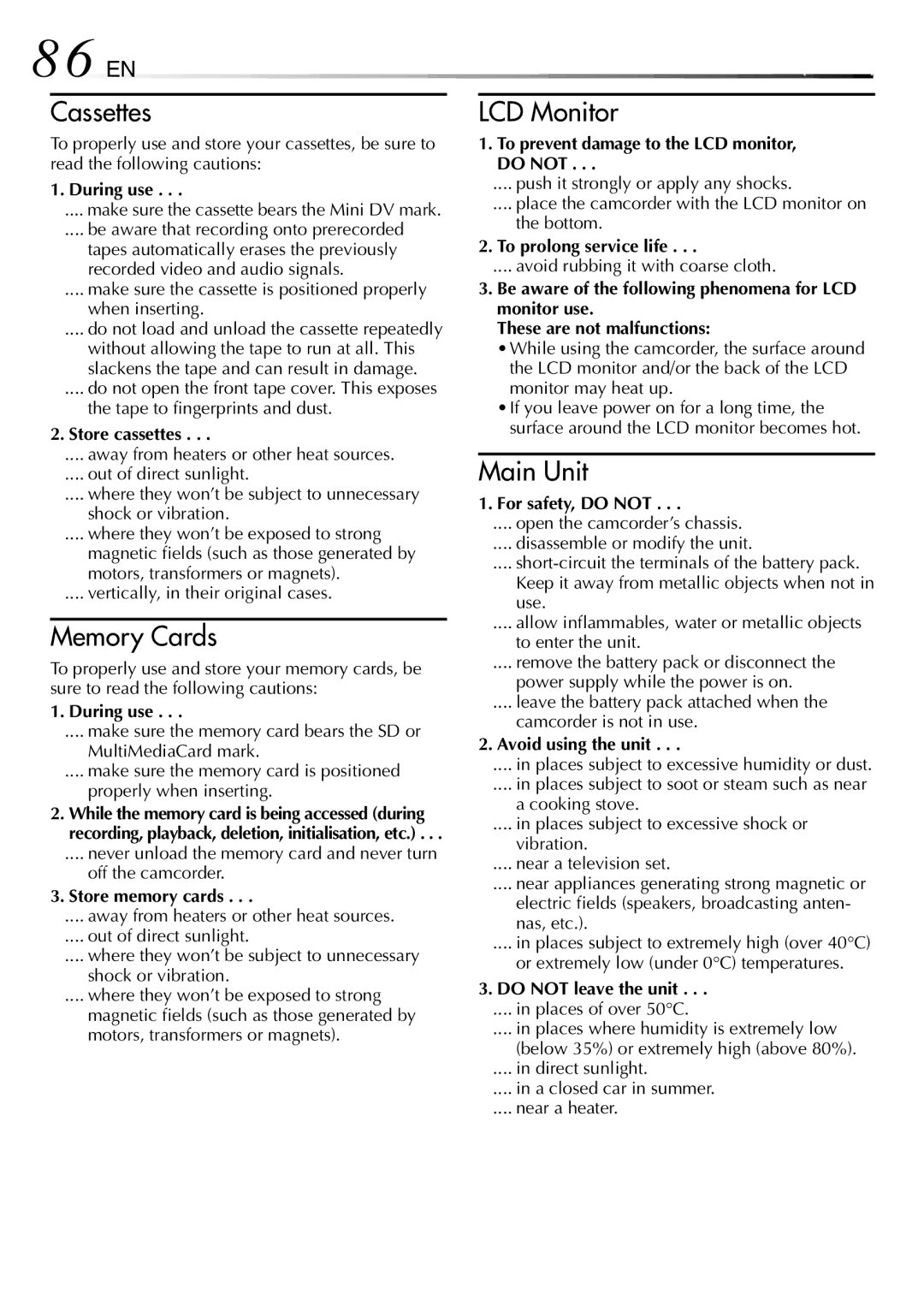 JVC GR-DVL515, GR-DVL915, GR-DVL510, GR-DVL310, GR-DVL715, GR-DVL410 specifications 86 EN 