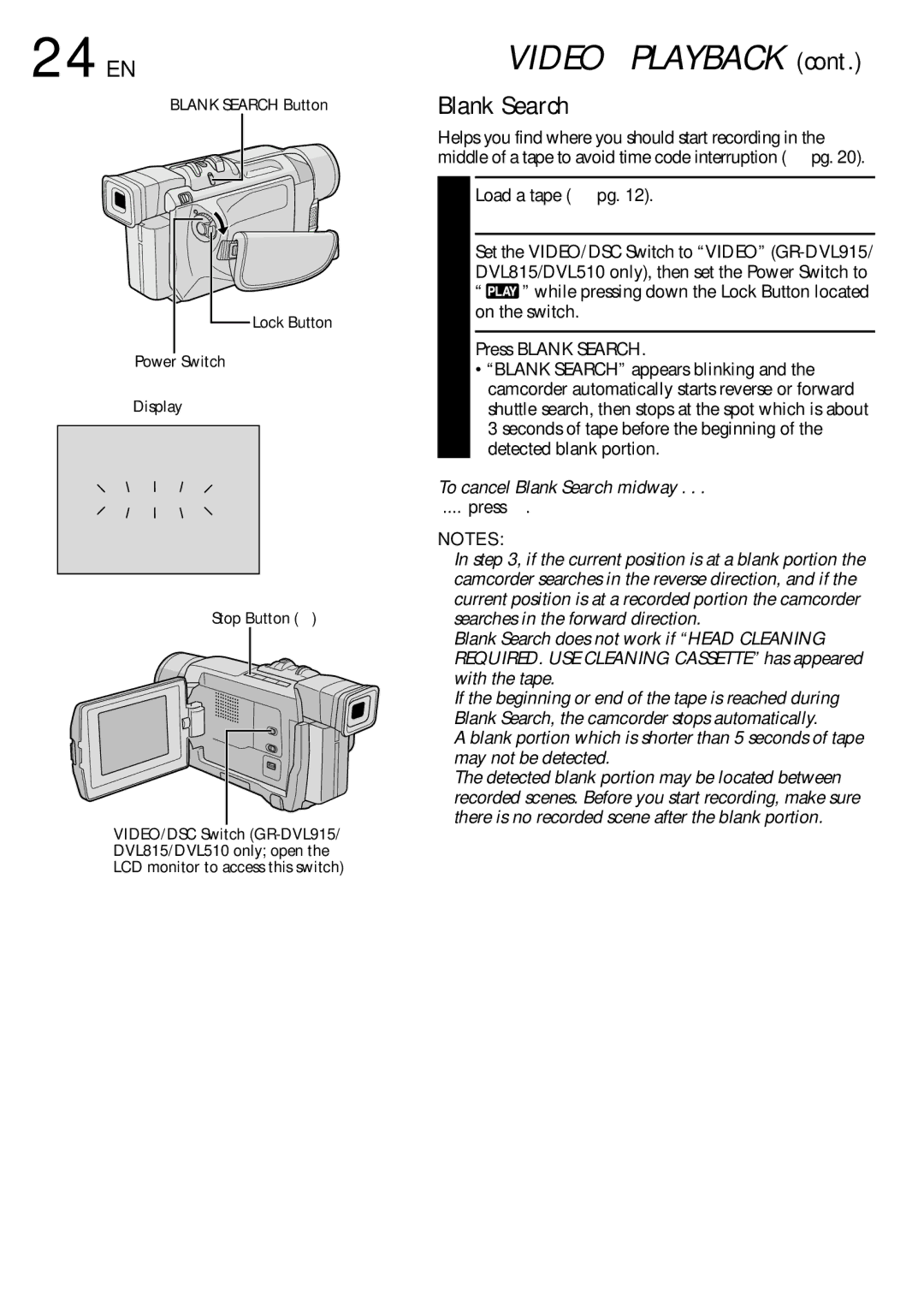 JVC GR-DVL915 specifications 24 EN, Press Blank Search, To cancel Blank Search midway 