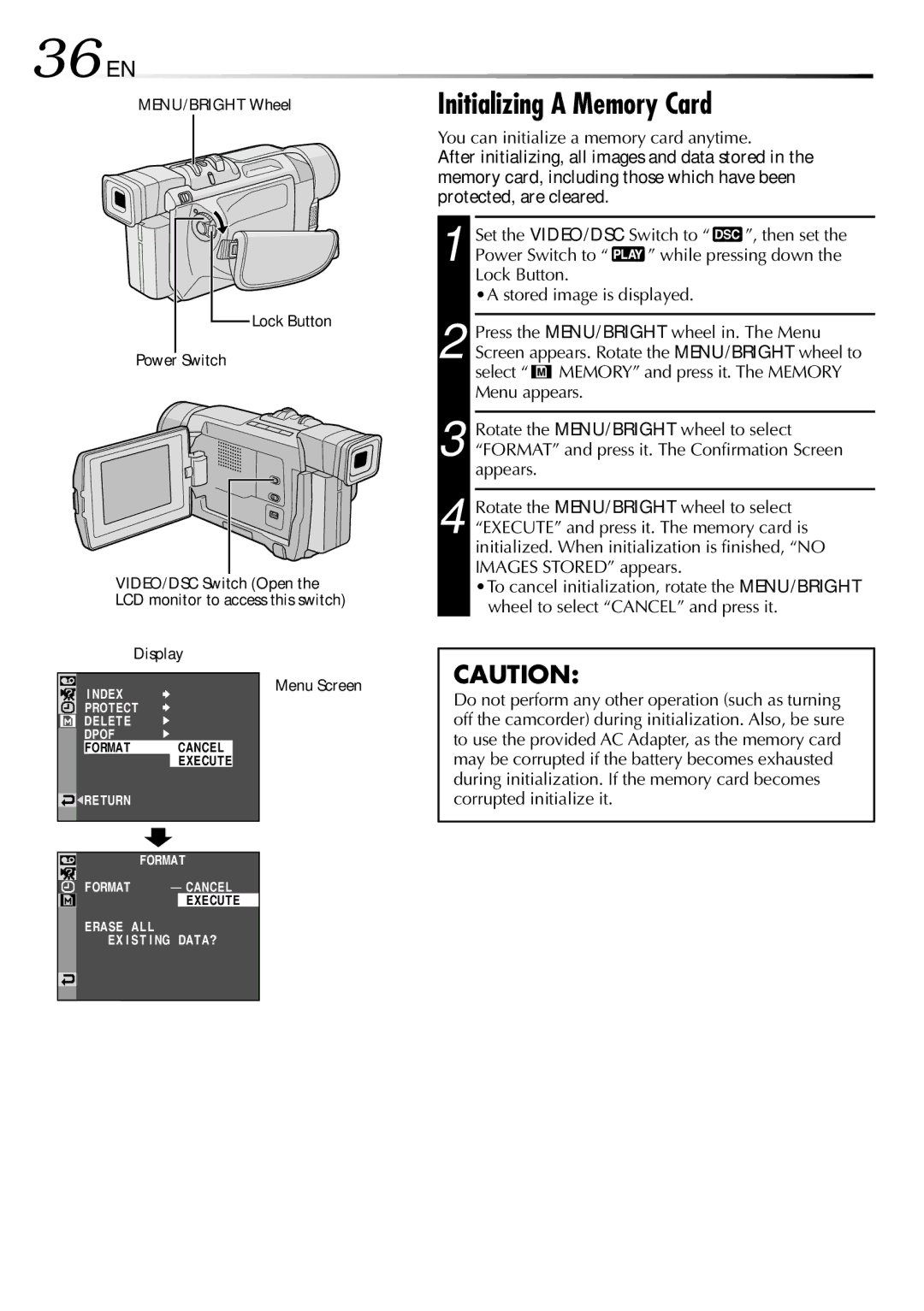 JVC GR-DVL915 specifications 36 EN, Initializing a Memory Card, You can initialize a memory card anytime 