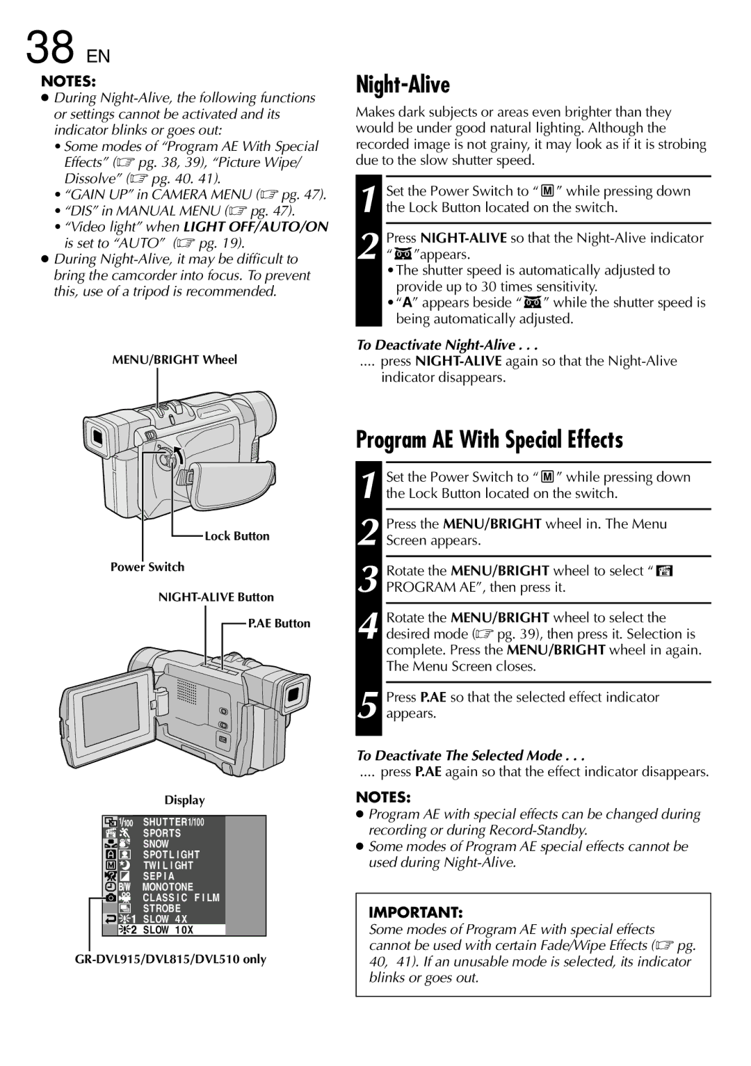 JVC GR-DVL915 specifications 38 EN, For Recording, Night-Alive, Program AE With Special Effects 