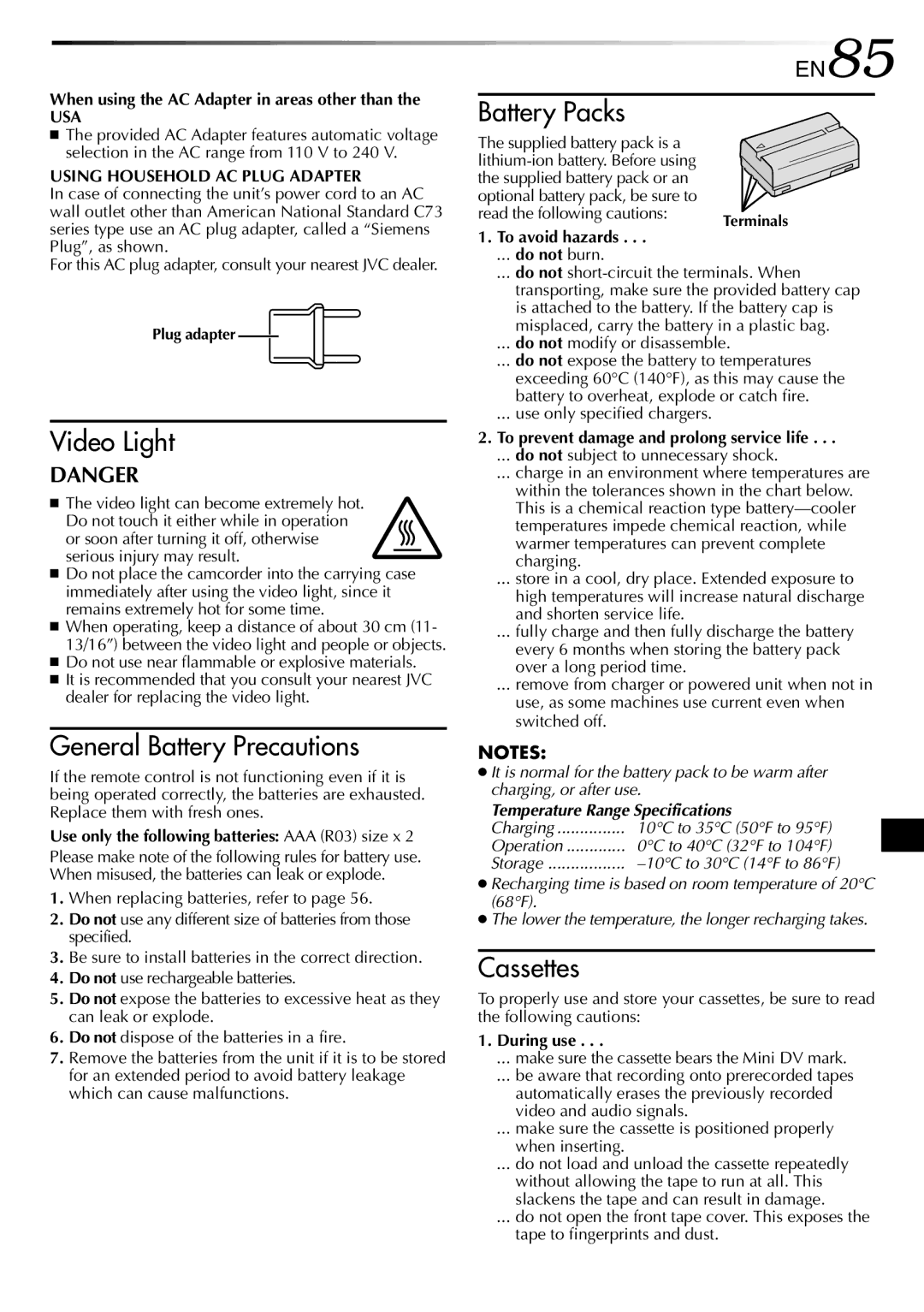 JVC GR-DVL915 specifications EN85, Usa 