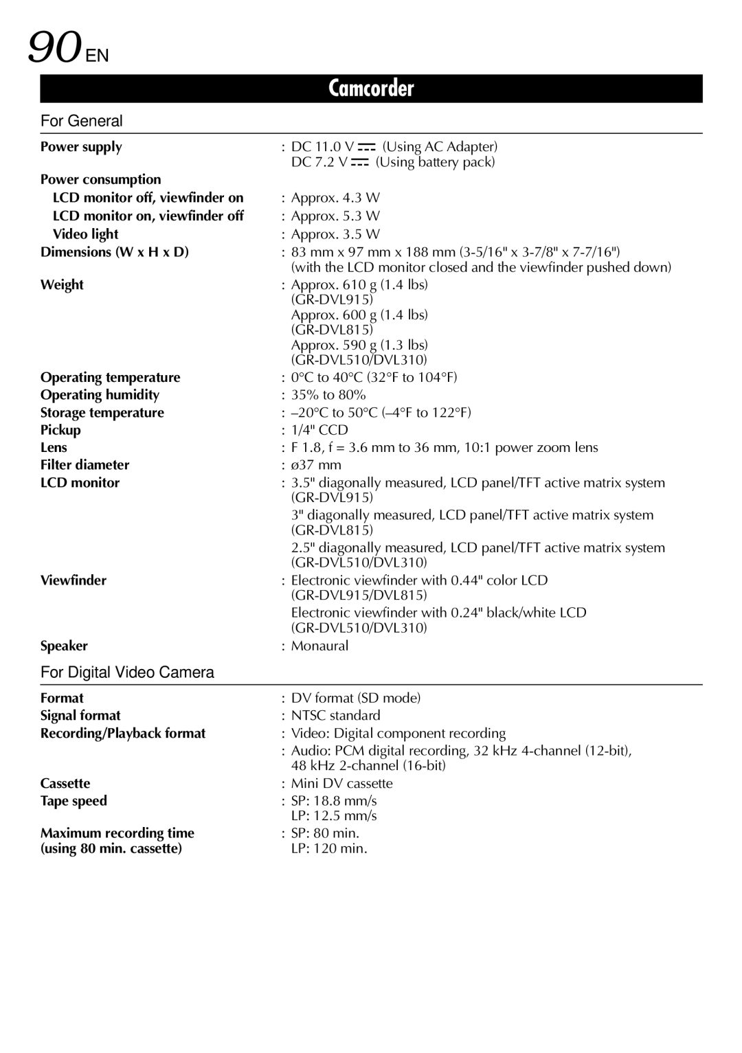 JVC GR-DVL915 specifications 90 EN, For General, For Digital Video Camera 