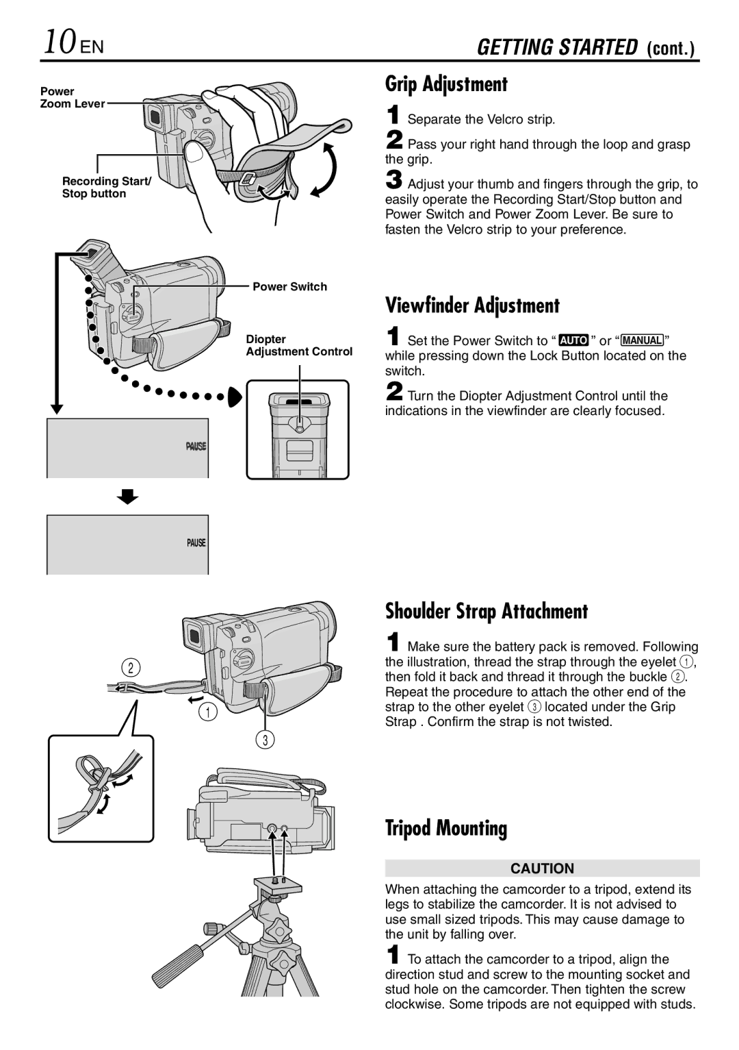 JVC GR-DVL920 specifications 10 EN, Grip Adjustment, Viewfinder Adjustment, Shoulder Strap Attachment, Tripod Mounting 