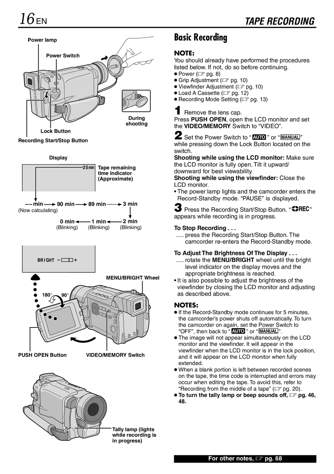 JVC GR-DVL920 specifications 16 EN, Basic Recording, To Stop Recording, To Adjust The Brightness Of The Display 