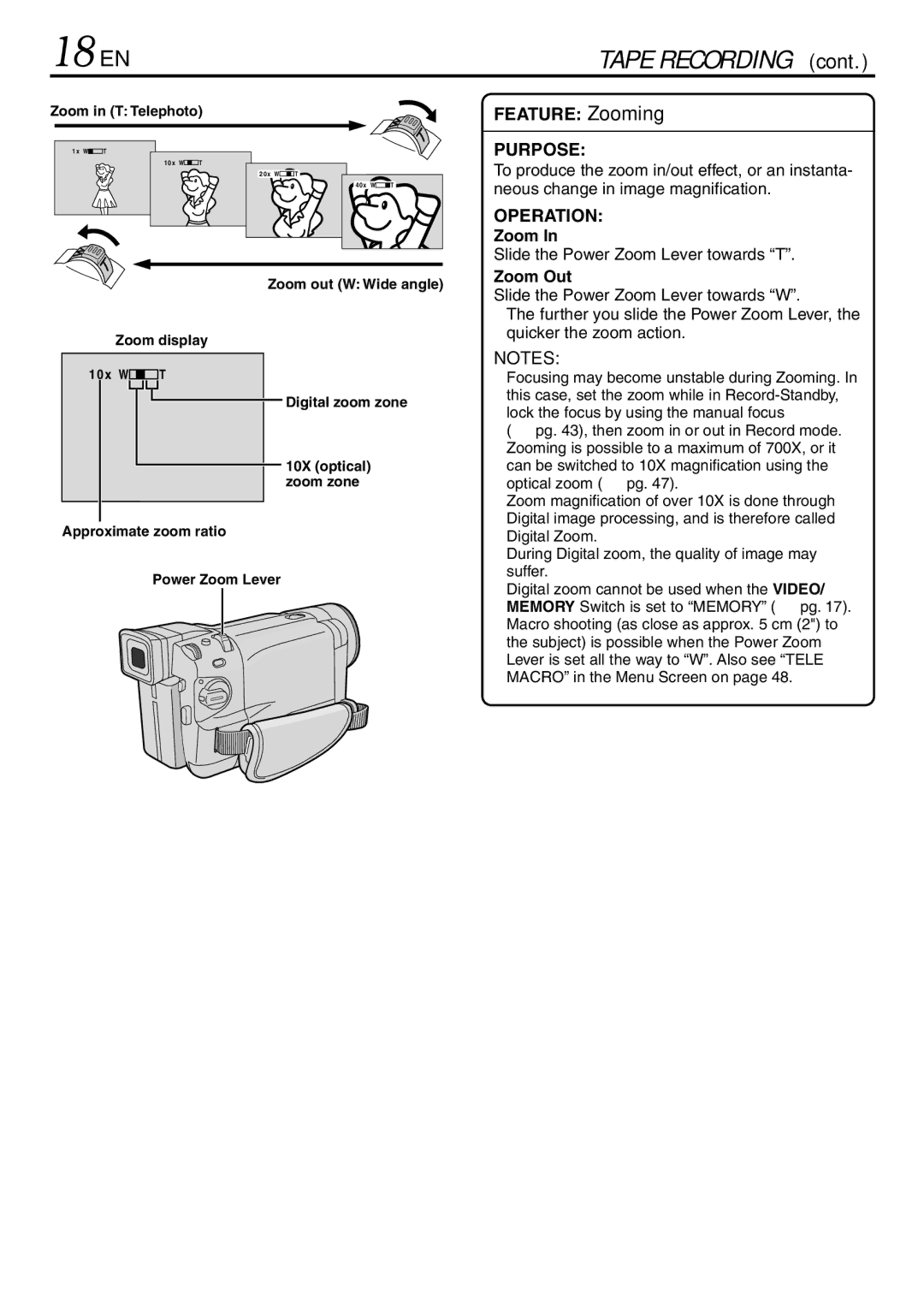 JVC GR-DVL920 specifications 18 EN, Slide the Power Zoom Lever towards T, Zoom Out 