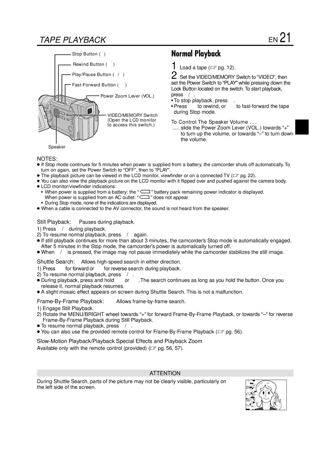 JVC GR-DVL920 specifications Normal Playback, To Control The Speaker Volume 