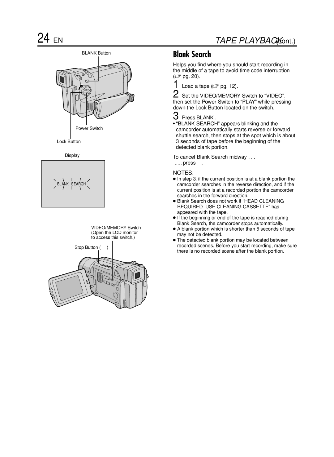 JVC GR-DVL920 specifications 24 EN, To cancel Blank Search midway, Press, Blank Button 