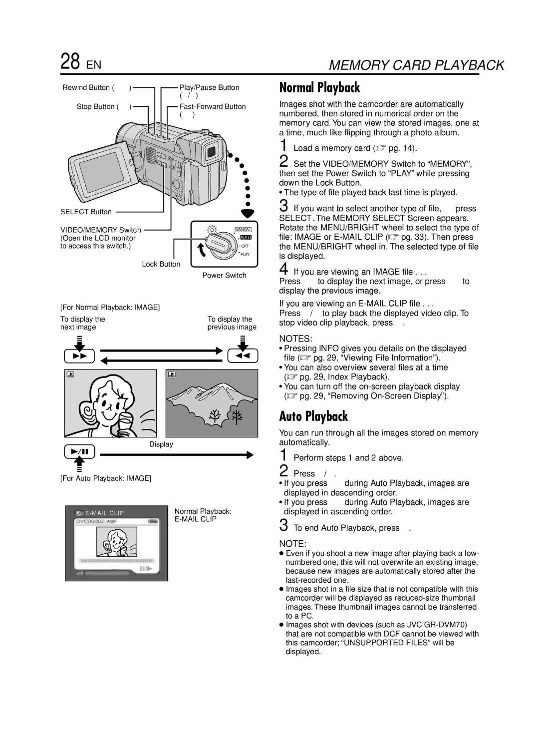 JVC GR-DVL920 28 EN, Auto Playback, If you want to select another type of file, press, If you are viewing an Image file 