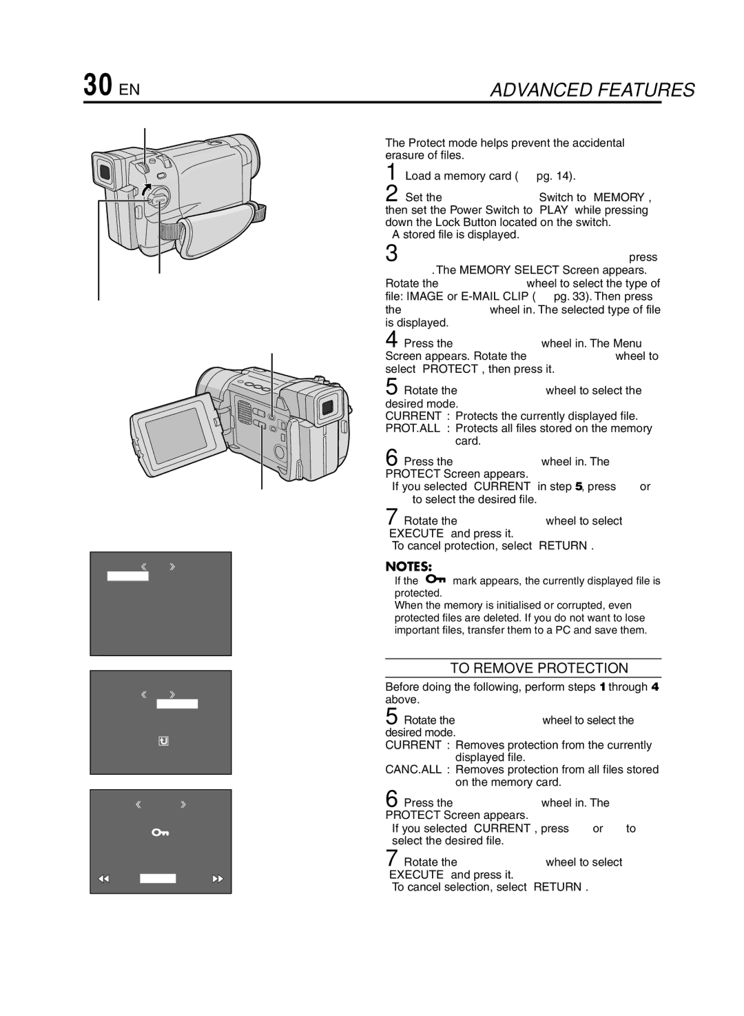 JVC GR-DVL920 specifications 30 EN, Protecting Files, To Remove Protection 