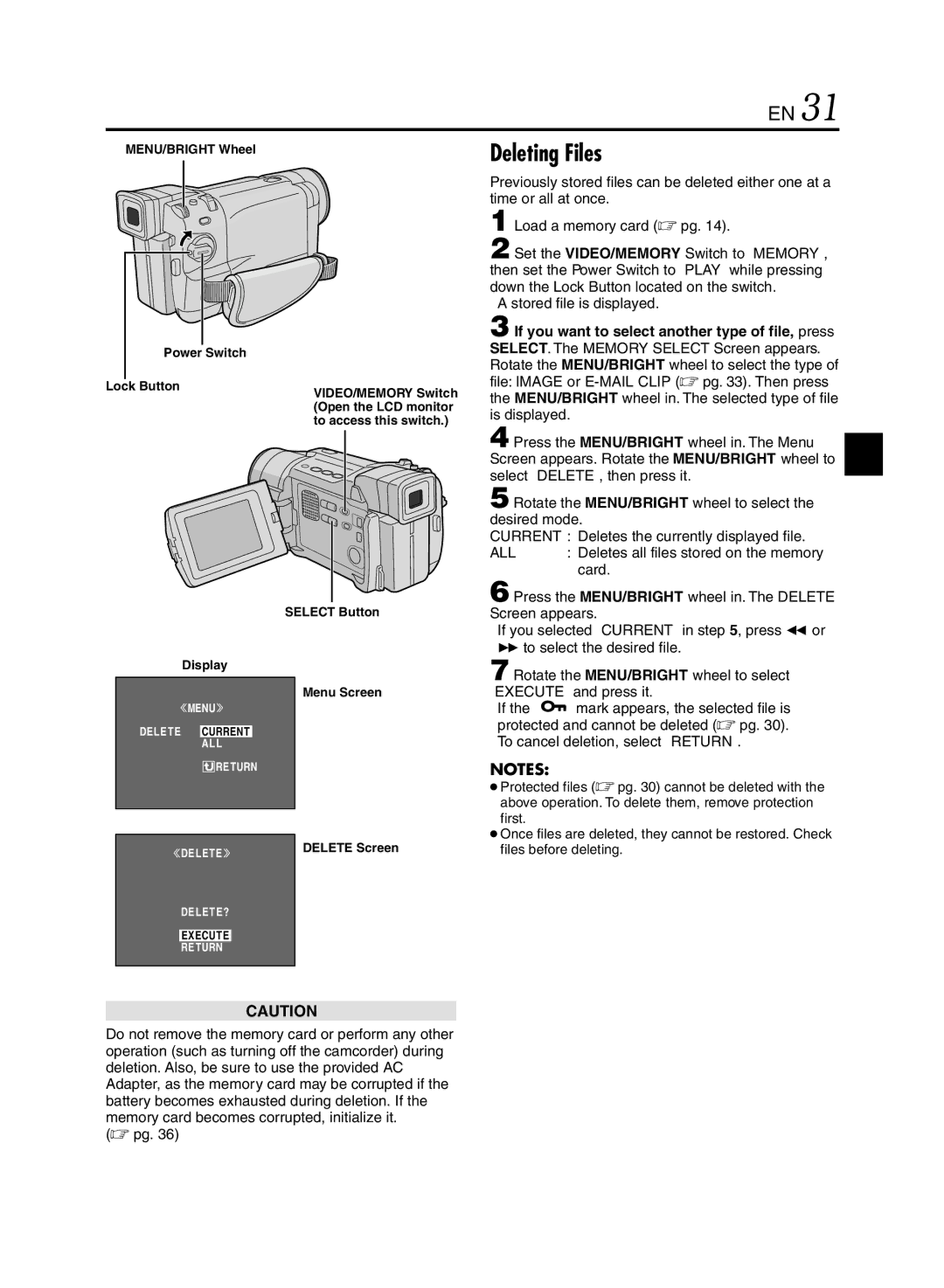 JVC GR-DVL920 Deleting Files, To cancel deletion, select Return, MENU/BRIGHT Wheel Power Switch Lock Button Display 