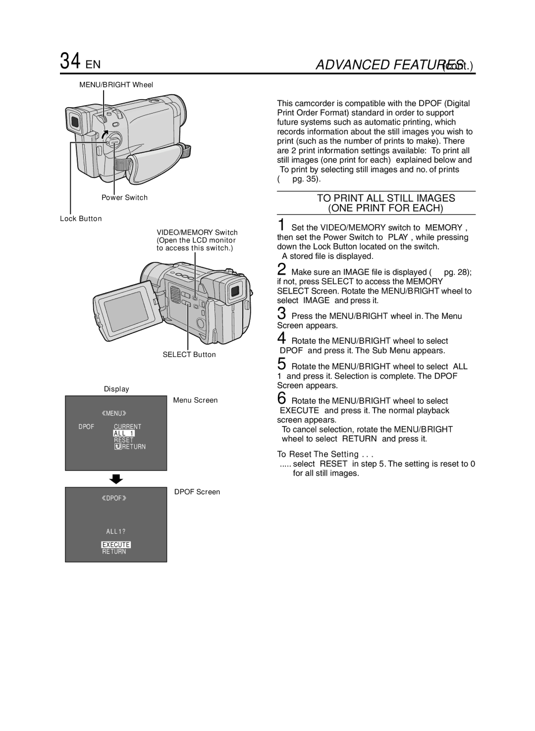 JVC GR-DVL920 specifications 34 EN, To Print ALL Still Images ONE Print for Each, To Reset The Setting, Dpof Screen 