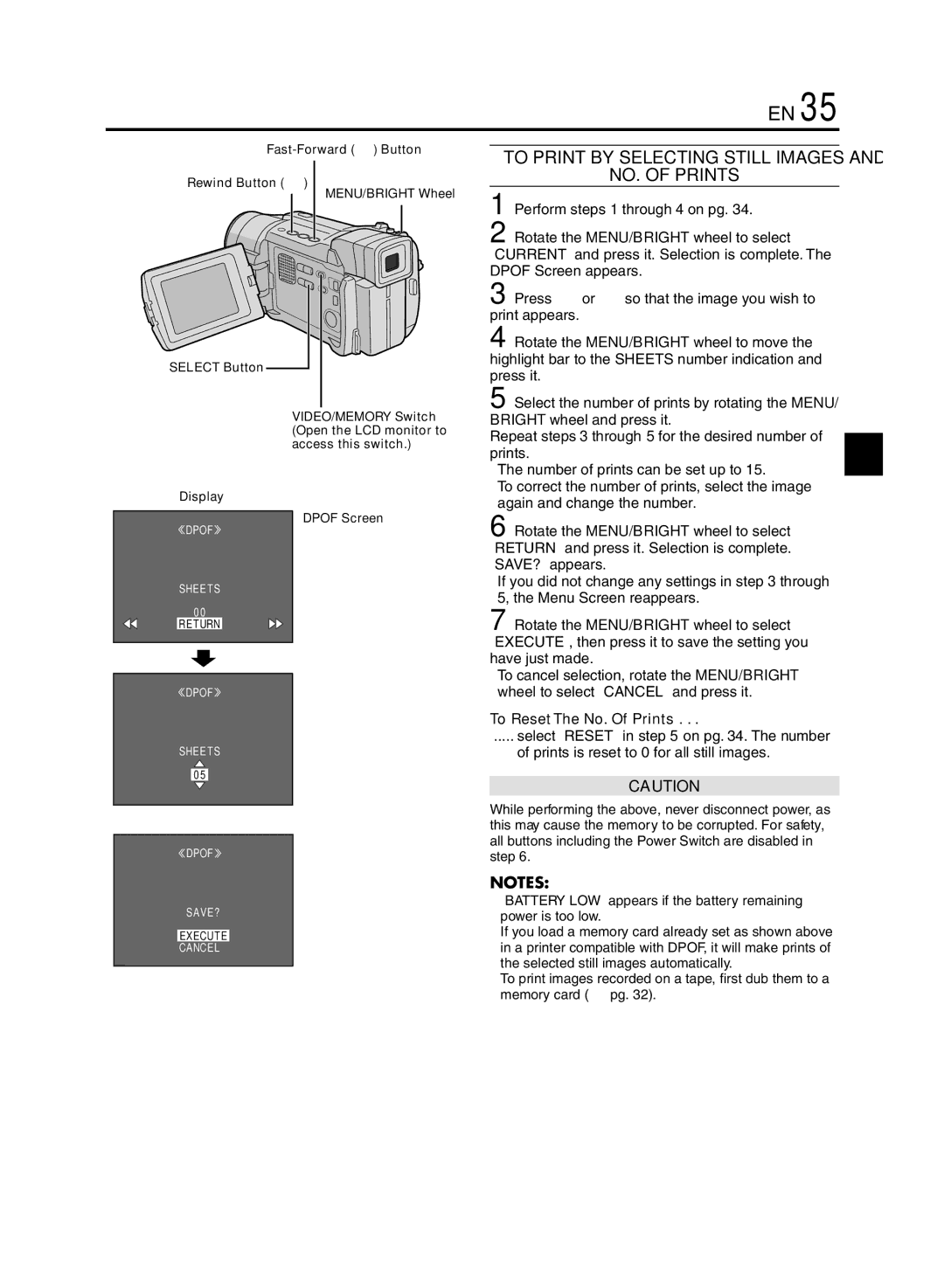 JVC GR-DVL920 specifications To Print by Selecting Still Images NO. of Prints, To Reset The No. Of Prints 