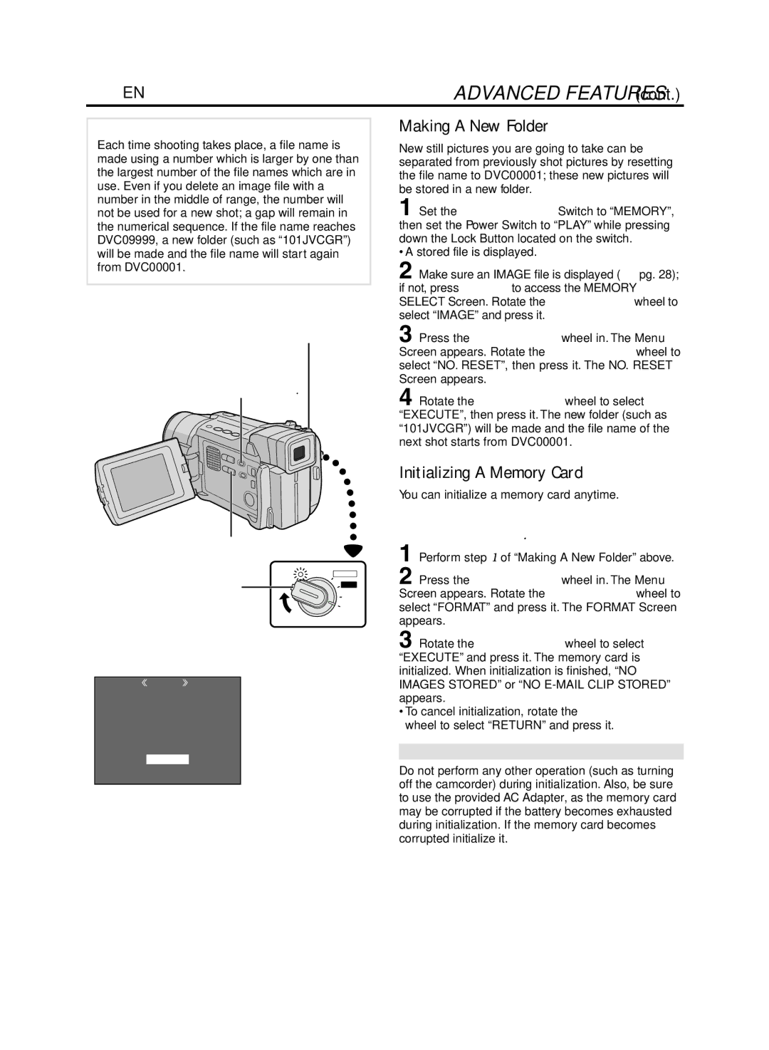 JVC GR-DVL920 specifications 36 EN, Making a New Folder, Initializing a Memory Card, Folder and File names 