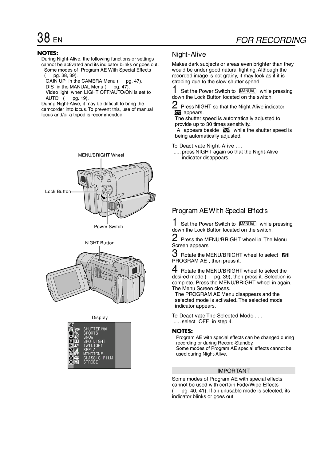 JVC GR-DVL920 38 EN, Program AE With Special Effects, To Deactivate Night-Alive, To Deactivate The Selected Mode 