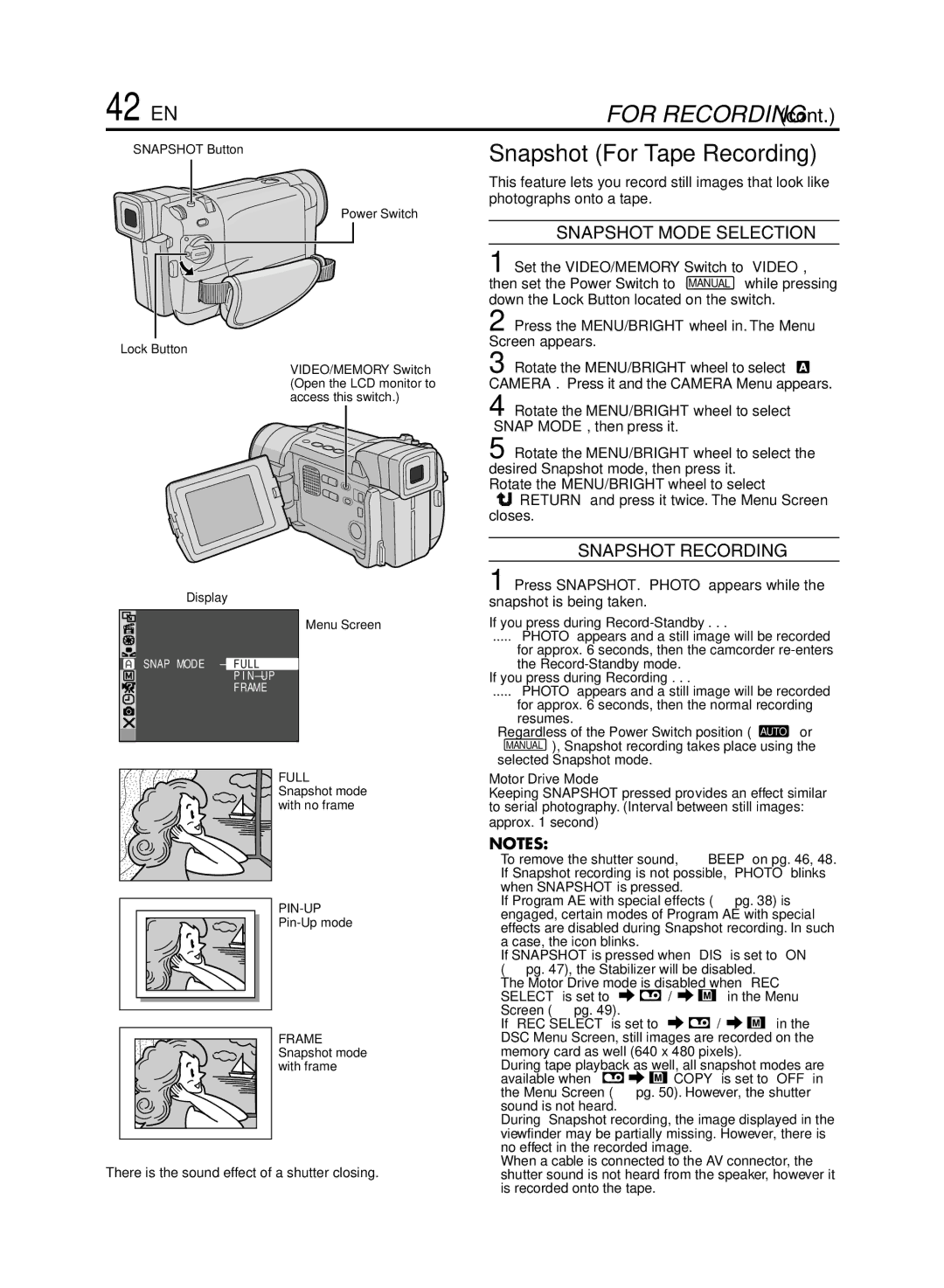 JVC GR-DVL920 specifications 42 EN, Snapshot For Tape Recording, Snapshot Mode Selection, Snapshot Recording 