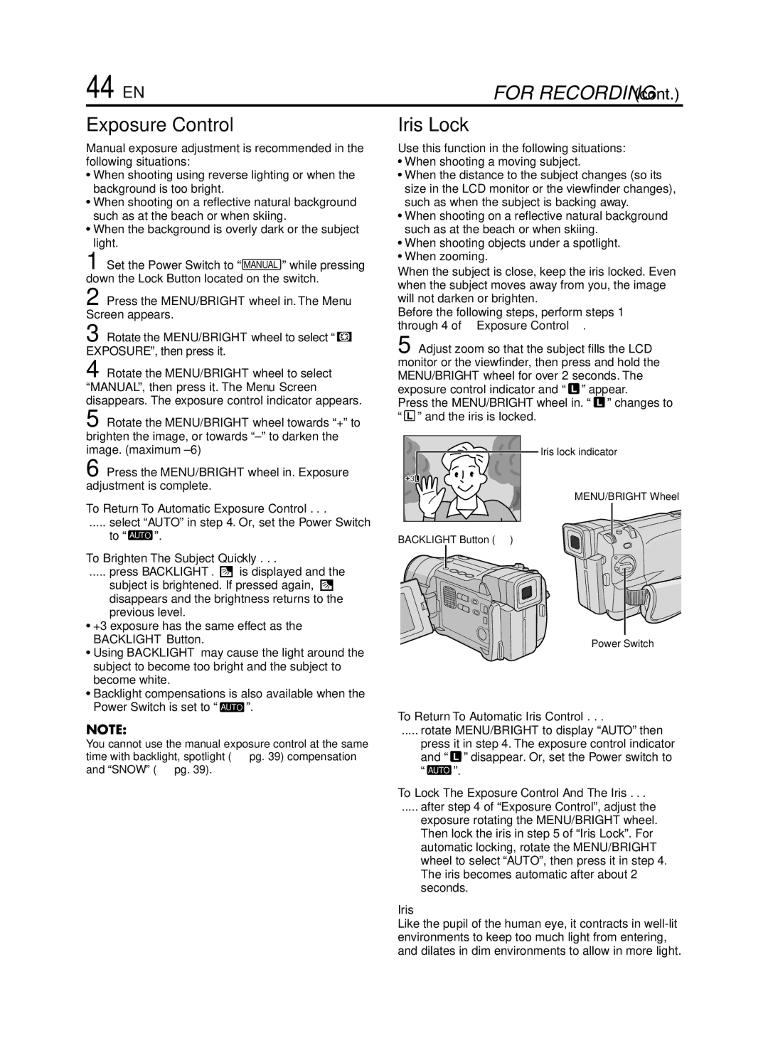 JVC GR-DVL920 specifications 44 EN, Exposure Control, Iris Lock 