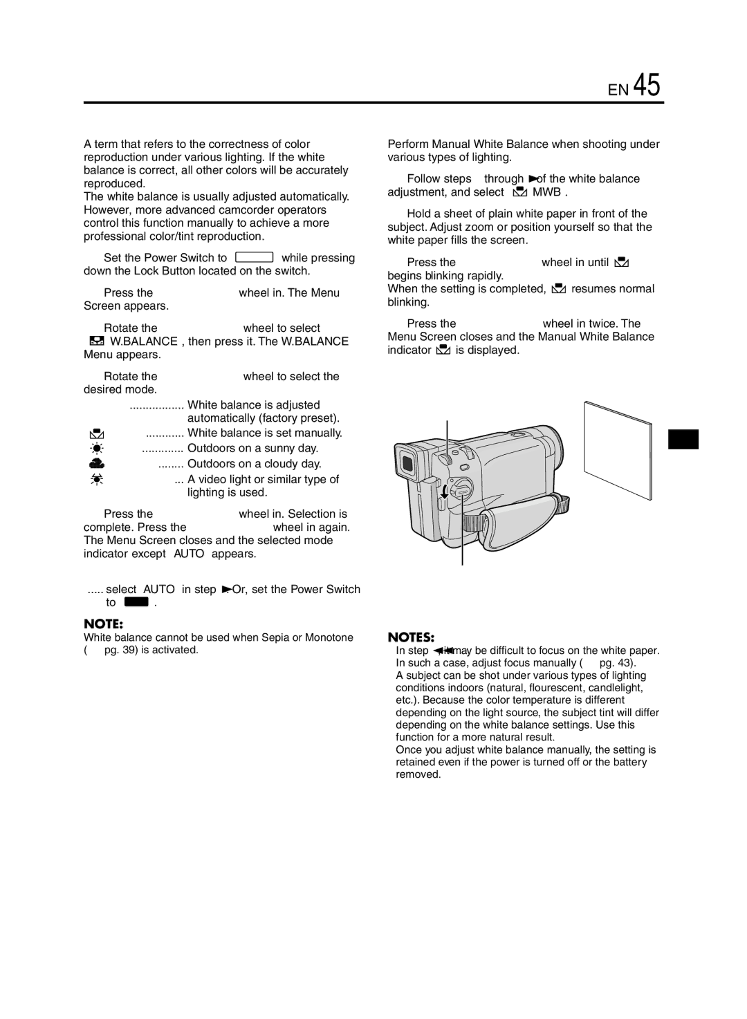 JVC GR-DVL920 White Balance Adjustment, Manual White Balance Operation, Halogen, To Return To Automatic White Balance 