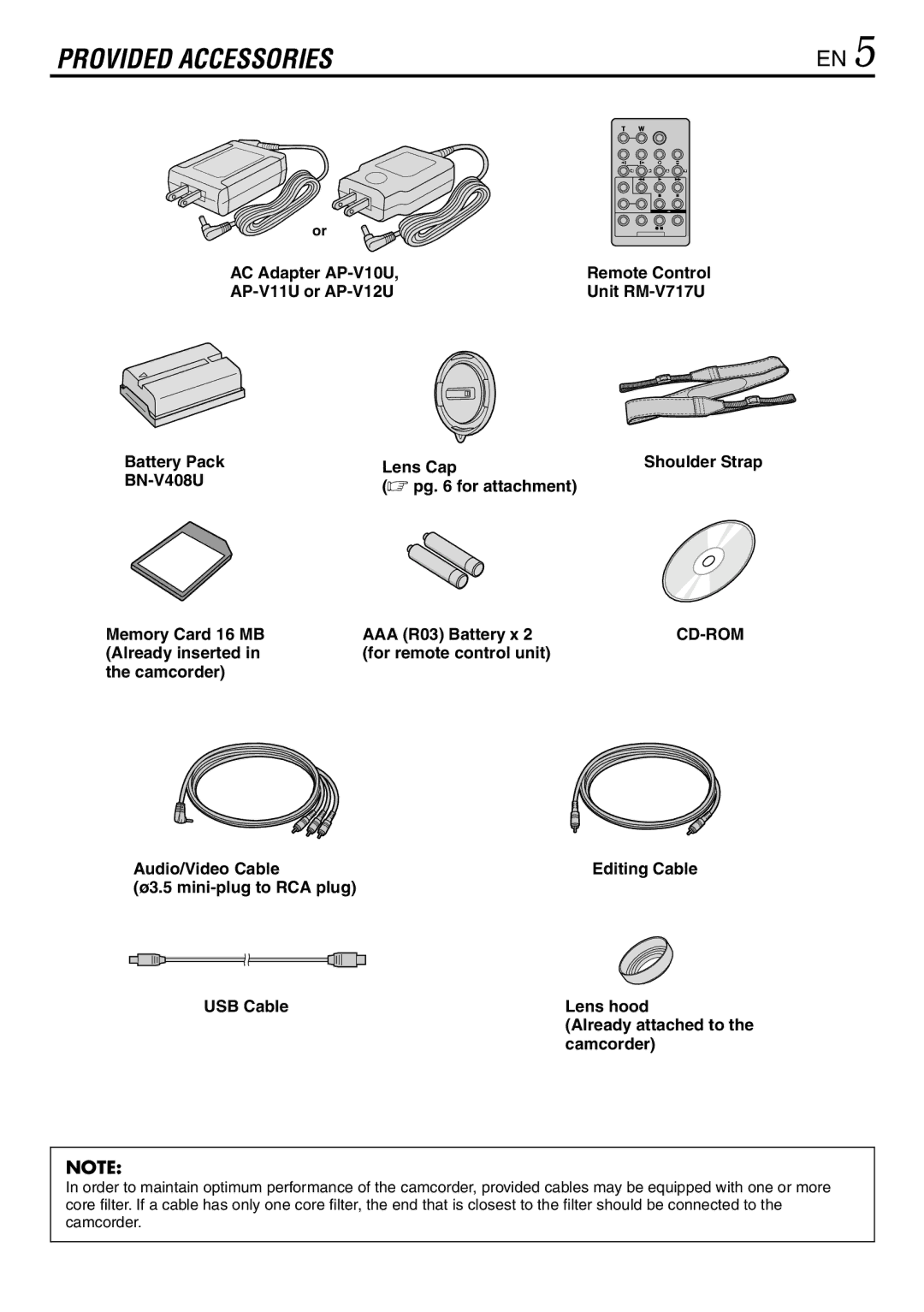 JVC GR-DVL920 specifications Cd-Rom, Editing Cable USB Cable Lens hood, Already attached to 