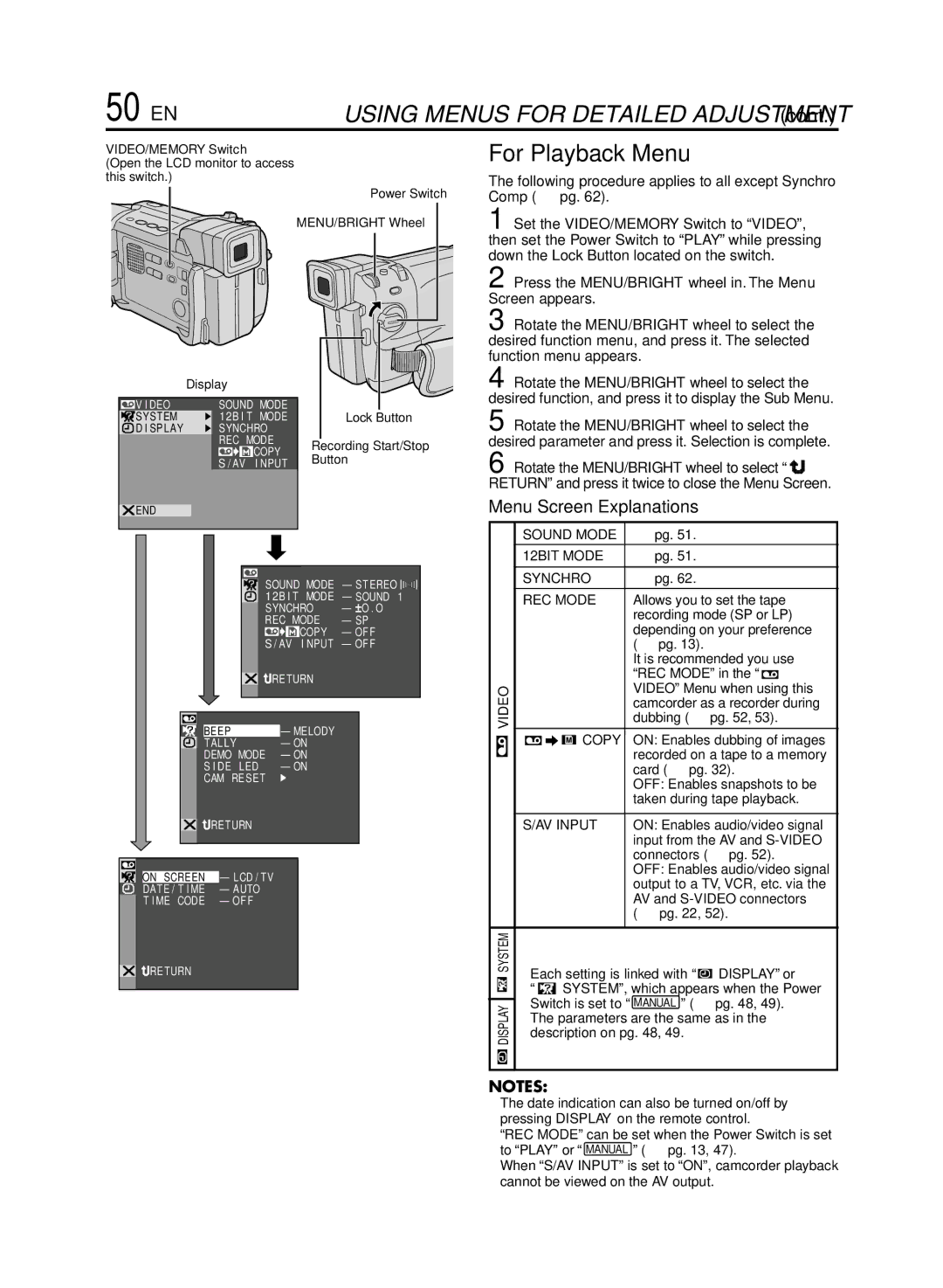 JVC GR-DVL920 specifications 50 EN, For Playback Menu, Following procedure applies to all except Synchro Comp  pg 