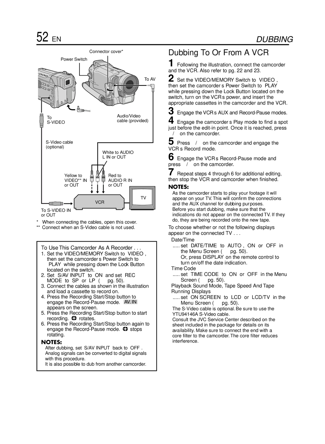 JVC GR-DVL920 specifications 52 EN, Dubbing To Or From a VCR, Power Switch To AV Audio/Video, To S-VIDEO Or OUT 