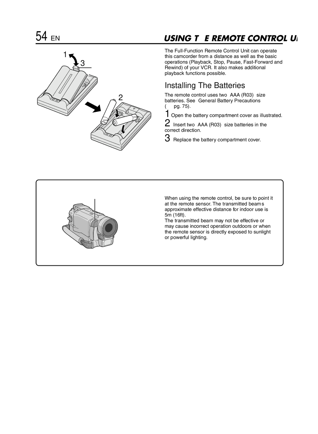 JVC GR-DVL920 specifications 54 EN, Installing The Batteries 