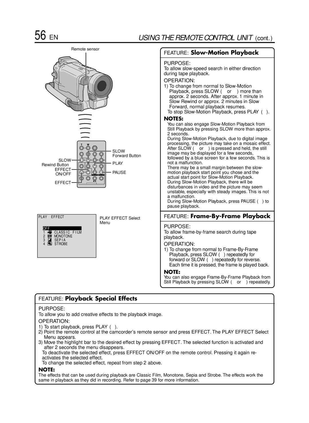 JVC GR-DVL920 56 EN, Feature Slow-Motion Playback, Feature Frame-By-Frame Playback, Feature Playback Special Effects 