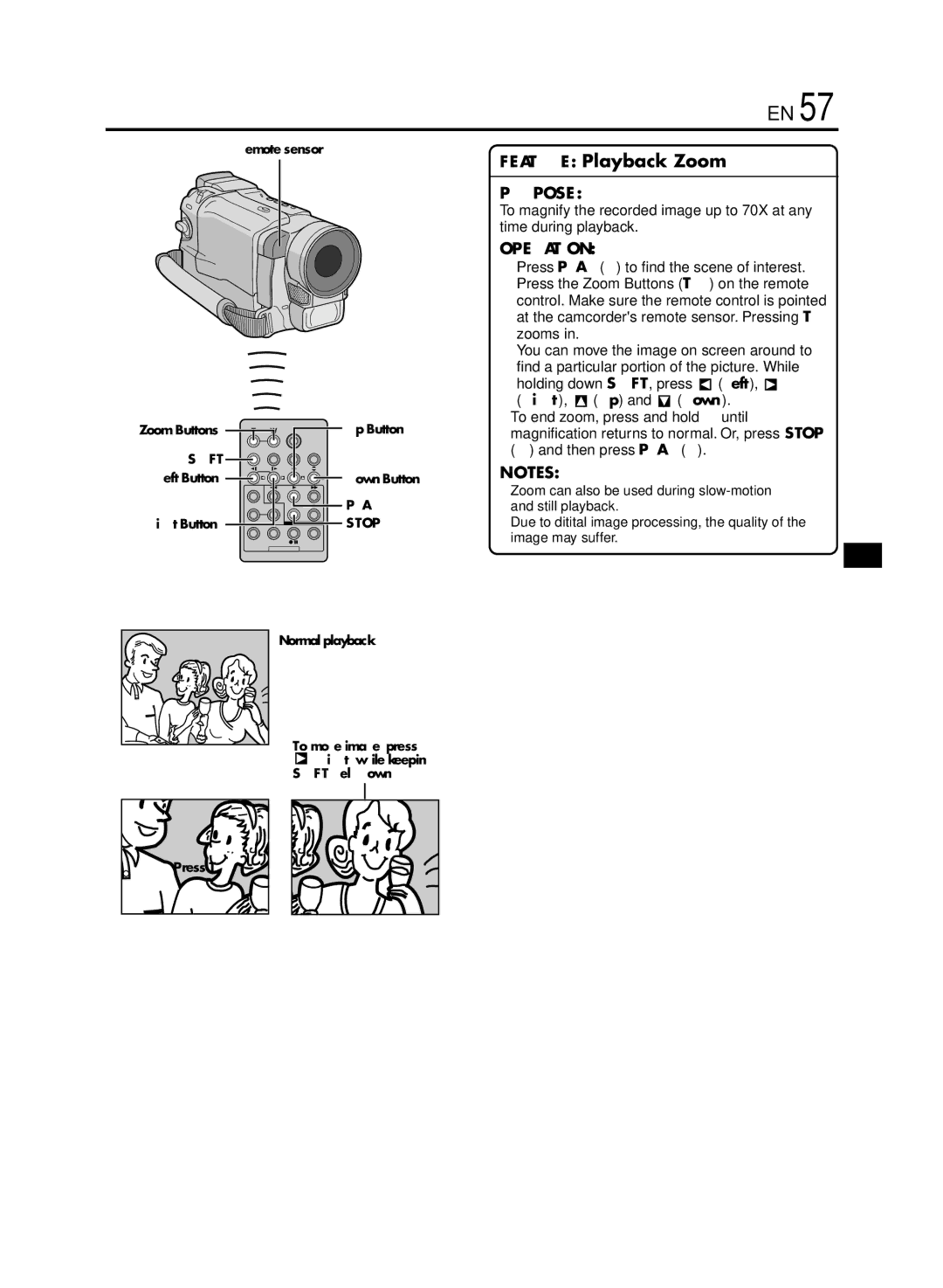 JVC GR-DVL920 specifications Feature Playback Zoom, Remote sensor Zoom Buttons Up Button, Left Button Down Button 