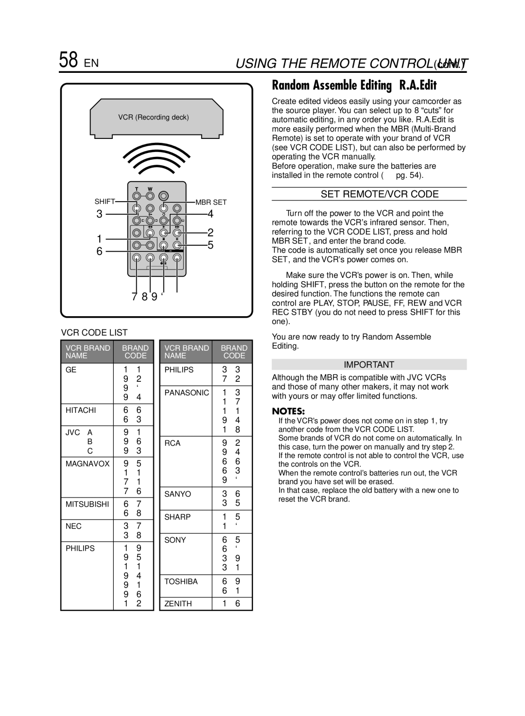 JVC GR-DVL920 specifications 58 EN, SET REMOTE/VCR Code 