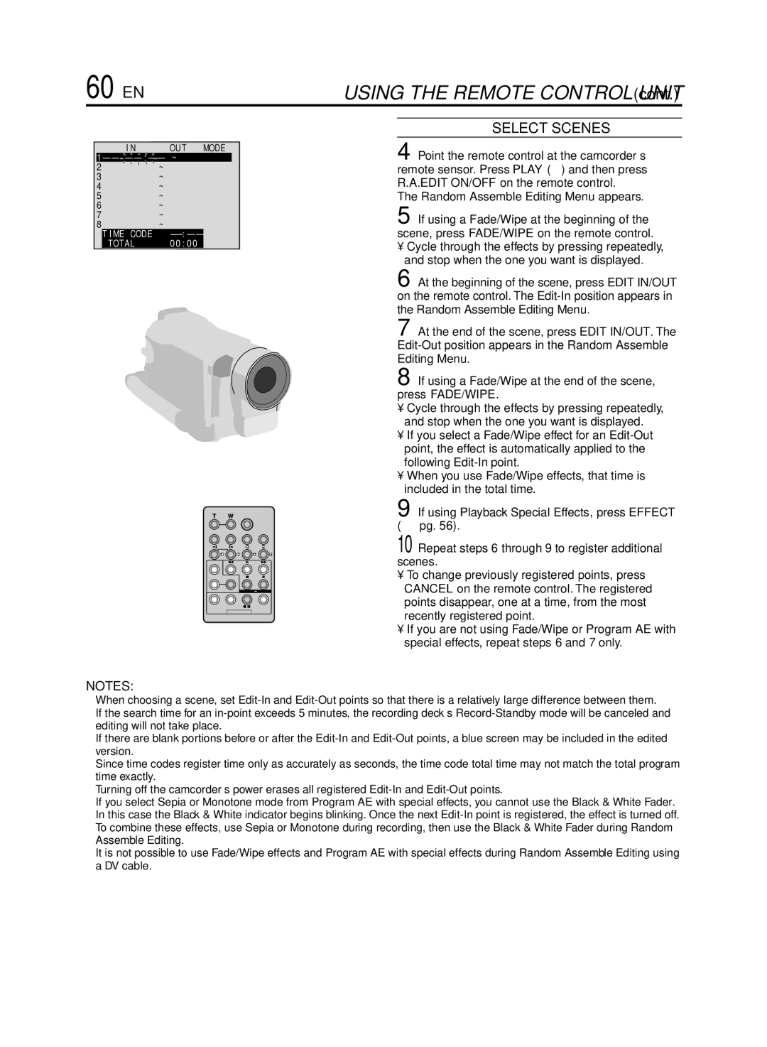 JVC GR-DVL920 specifications 60 EN, Select Scenes, Random Assemble Editing Menu appears 