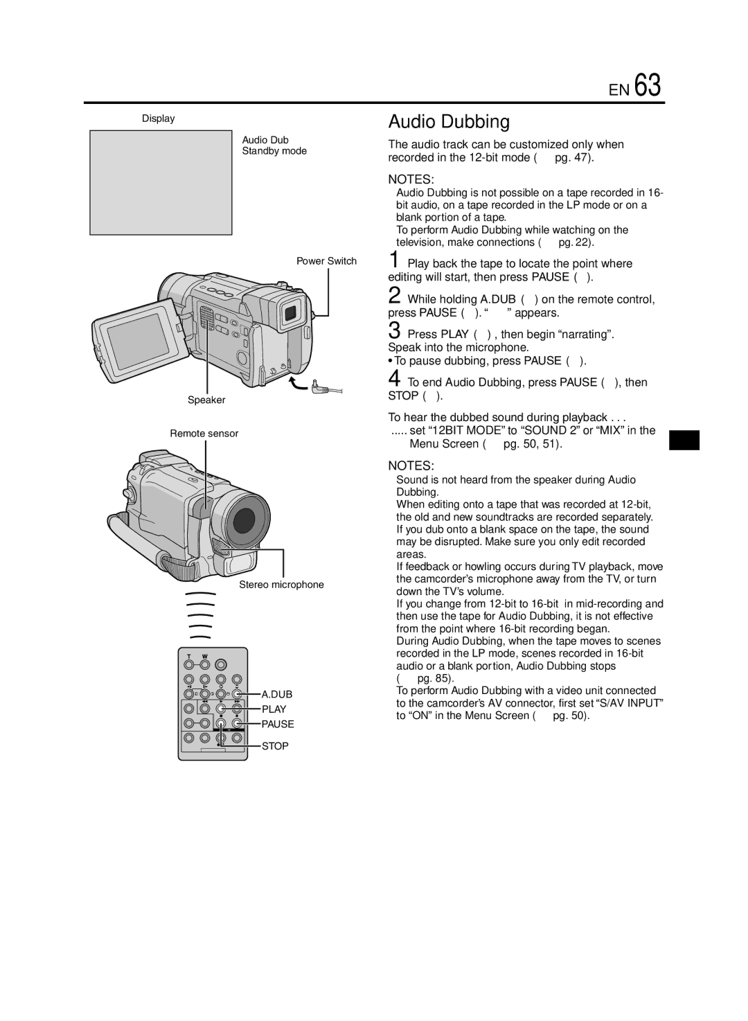 JVC GR-DVL920 Audio Dubbing, To hear the dubbed sound during playback, Set 12BIT Mode to Sound 2 or MIX Menu Screen  pg 