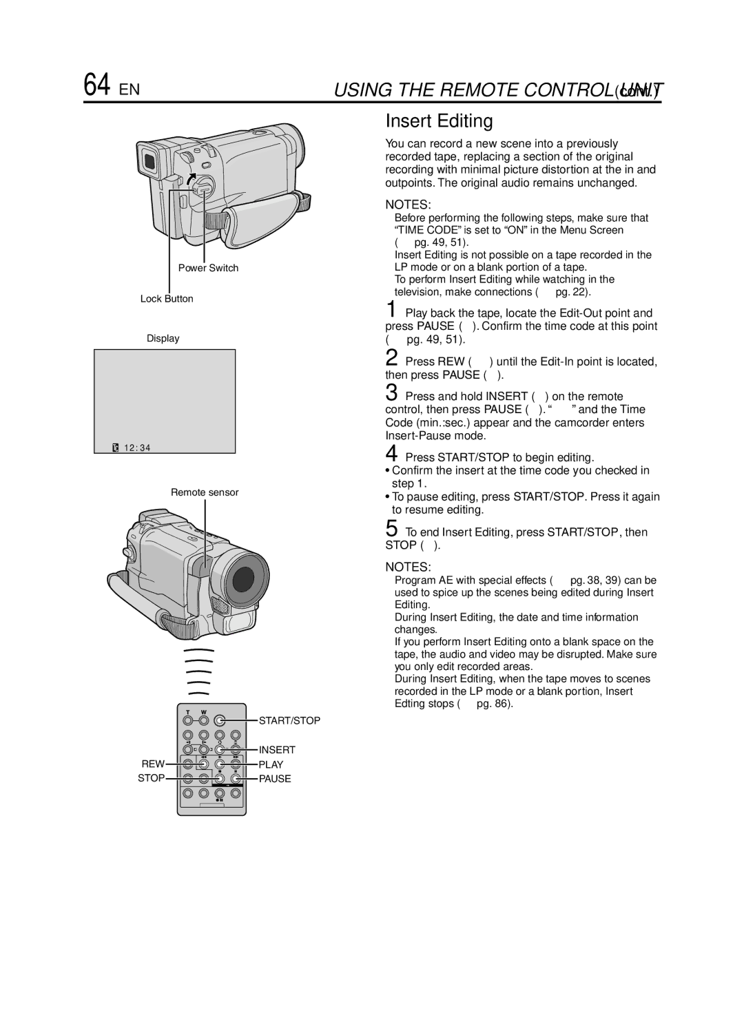 JVC GR-DVL920 specifications 64 EN, Insert Editing 