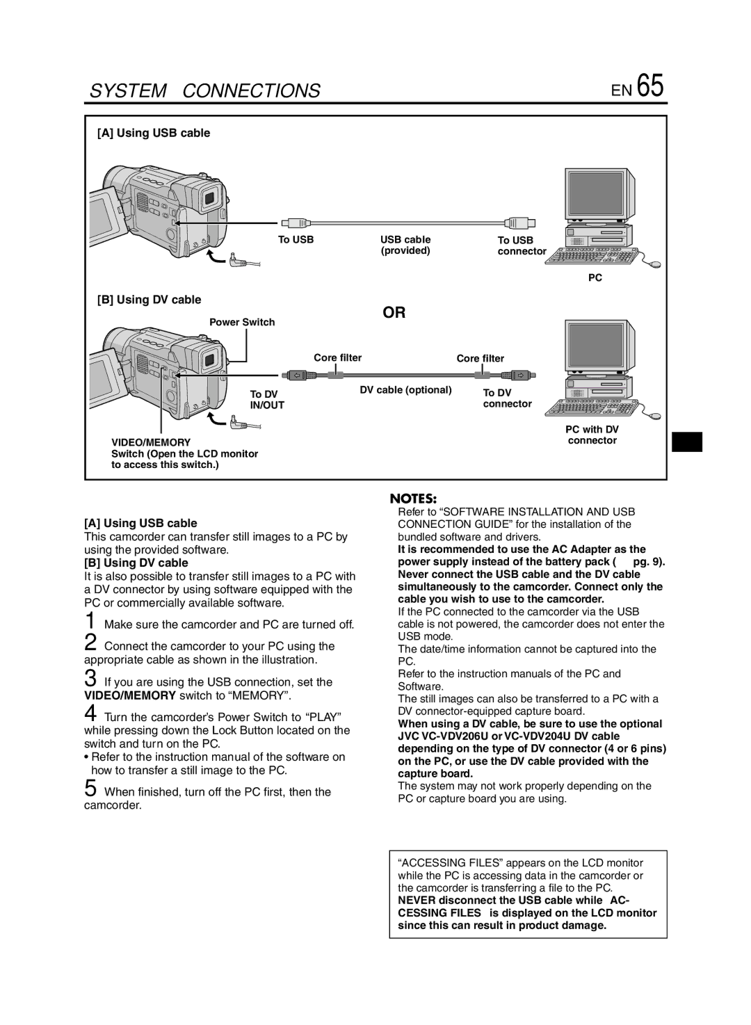 JVC GR-DVL920 specifications Using USB cable, Using DV cable, To USB USB cable Provided Connector, Power Switch To DV 