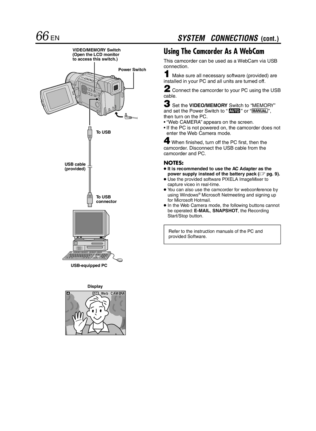 JVC GR-DVL920 specifications 66 EN, This camcorder can be used as a WebCam via USB connection 