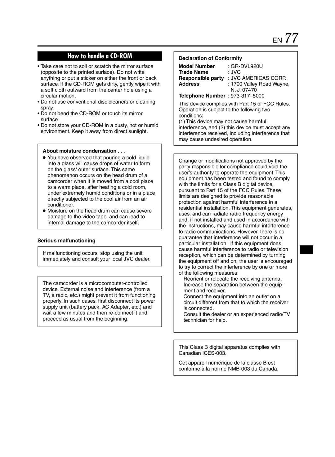 JVC GR-DVL920 About moisture condensation, Serious malfunctioning, Declaration of Conformity Model Number, Trade Name 
