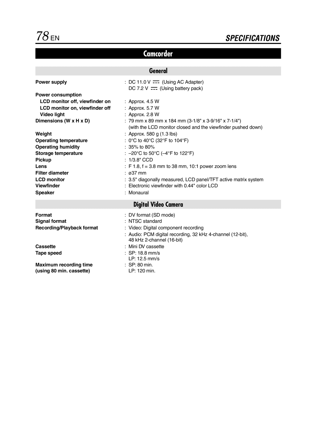 JVC GR-DVL920 specifications 78 EN 