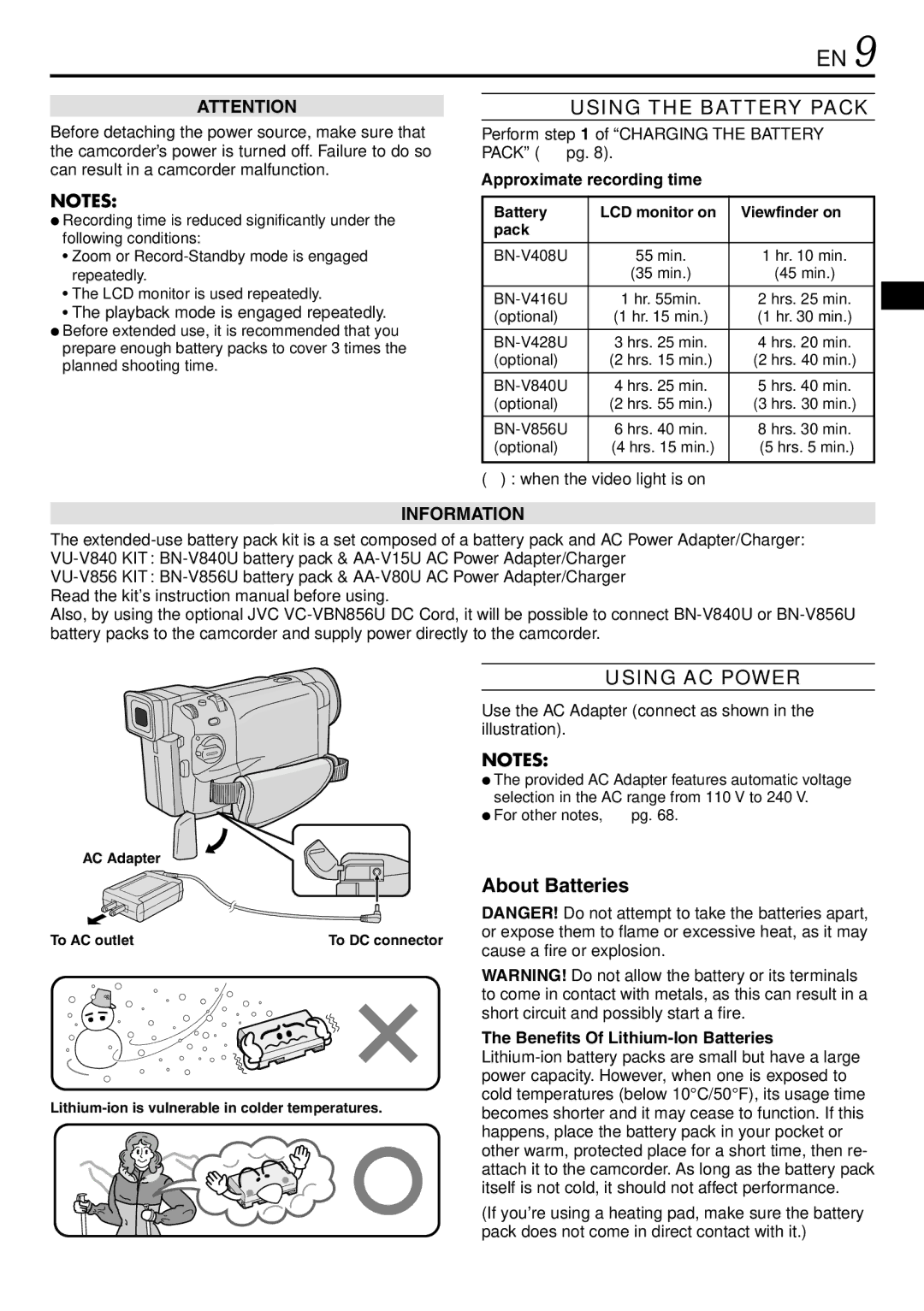 JVC GR-DVL920 specifications Using the Battery Pack, Using AC Power, About Batteries, Approximate recording time 