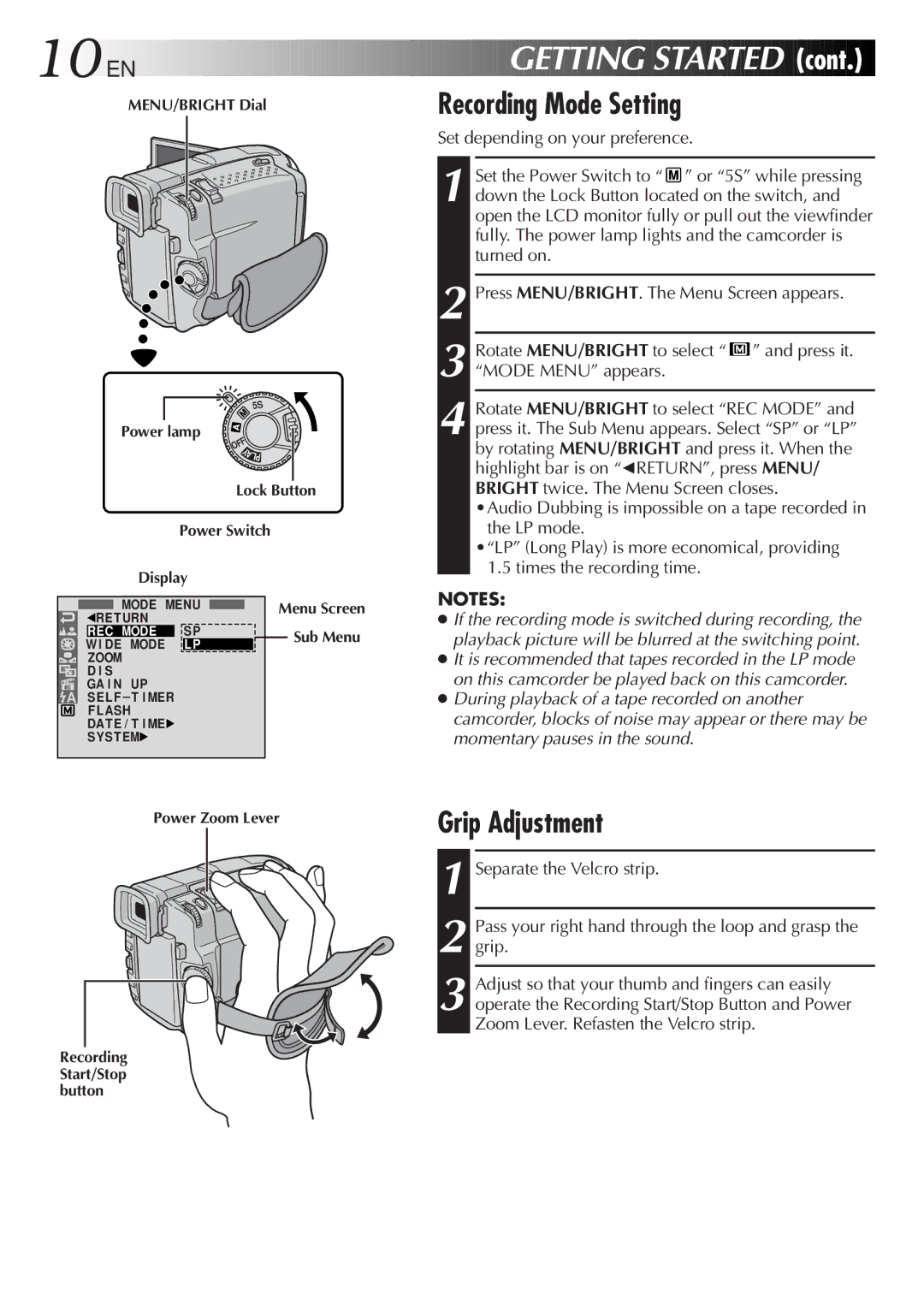 JVC GR-DVL9200 specifications 10 EN, Recording Mode Setting, Grip Adjustment 