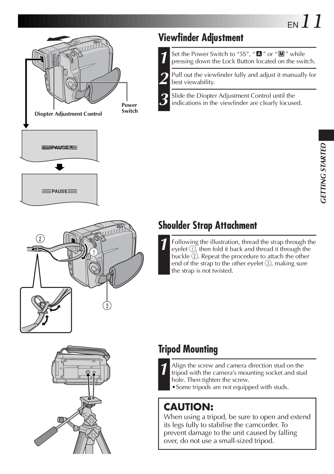 JVC GR-DVL9200 specifications Viewfinder Adjustment, Shoulder Strap Attachment, Tripod Mounting, EN11 