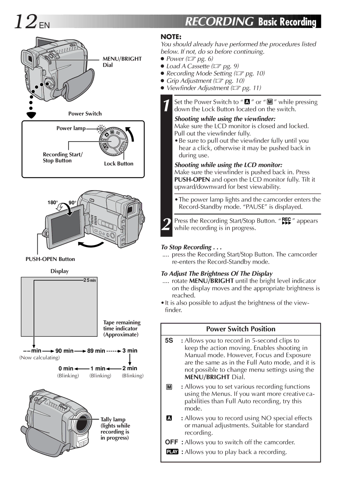 JVC GR-DVL9200 specifications 12 EN, Recording Basic Recording, Power Switch Position 