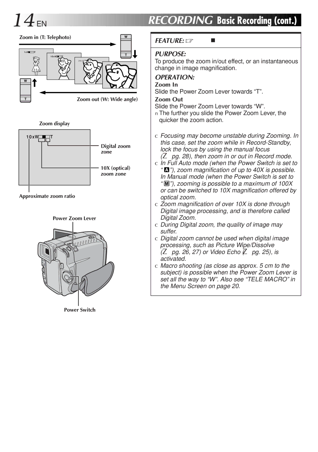 JVC GR-DVL9200 specifications 14 EN, Basic Recording, Slide the Power Zoom Lever towards T, Zoom Out 